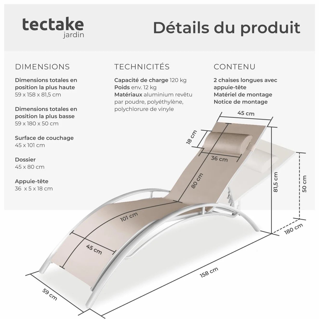Tectake Set de 2 Chaise Longue Bain de Soleil Jardin avec Appuie-tête Inclinable Beige