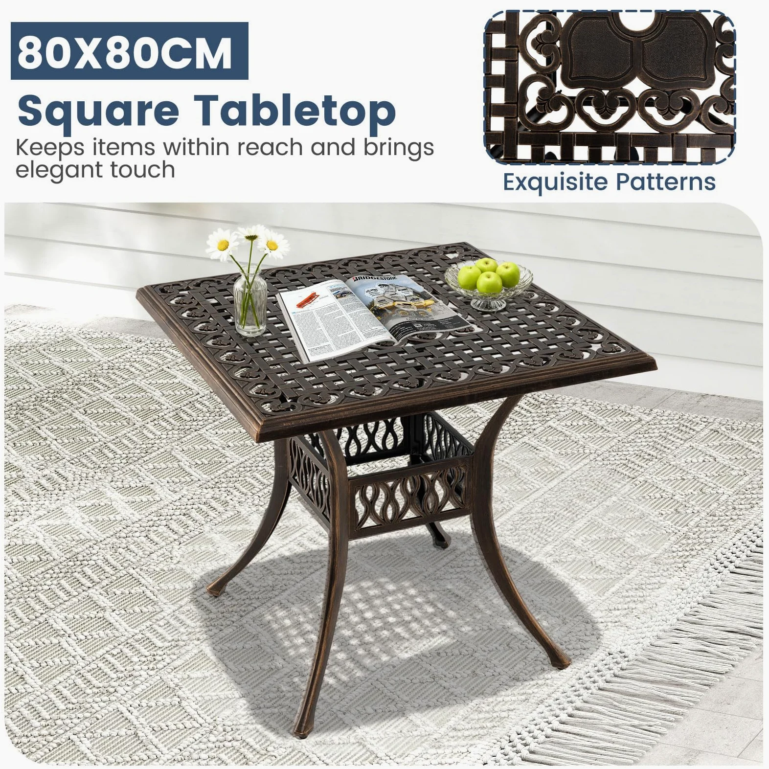 GIANTEX Table de Jardin Bronze avec Trou de Parasol de Ø 4,8 cm, Table de Balcon en Fonte d'Aluminium 80 x 80 cm pour 4 Personnes, Pieds Réglables, pour Terrasse, Jardin
