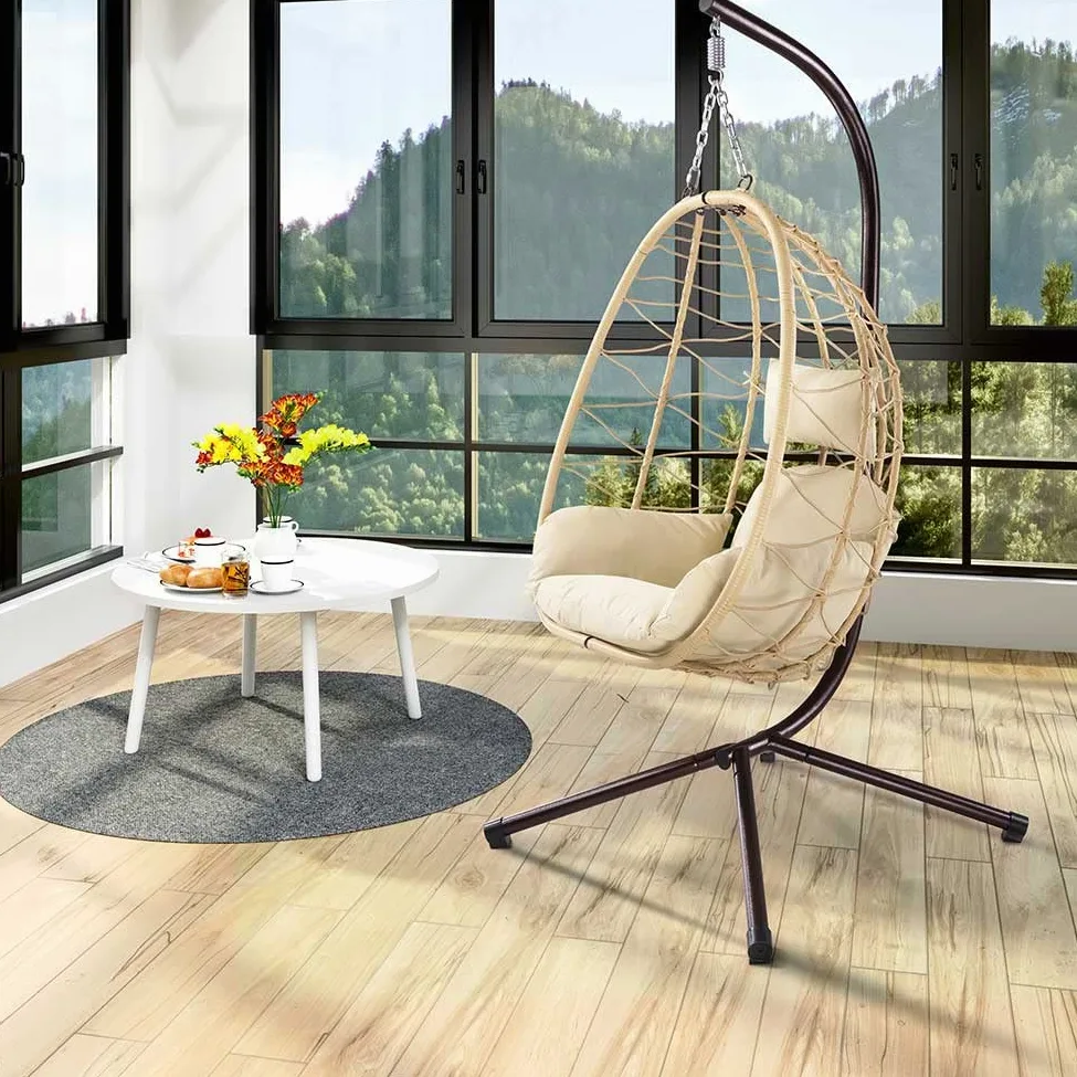 Bakaji Fauteuil Suspendu de Jardin, Chaise balançoire hamac d'extérieur Structure en métal nid en rotin et Corde + Coussin rembourré et appuie-tête Design Moderne 198 x 110 x 95 cm (Beige)