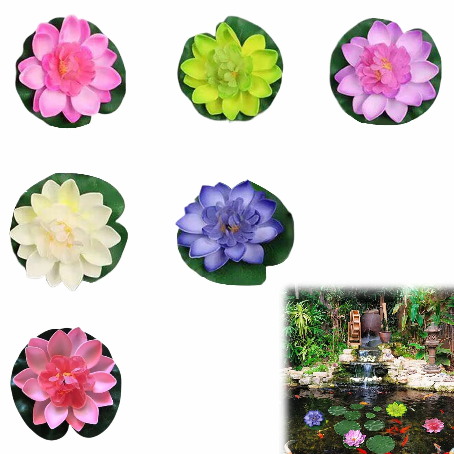 Lot de 6 Nénuphars Artificiels, Fleur Mousse Lotus Décorations flottantes, pour Bassin - Fleurs Flottantes Multicolores - Plantes Aquatiques Décoratives pour Jardin, Aquarium, Piscine, Terrasse
