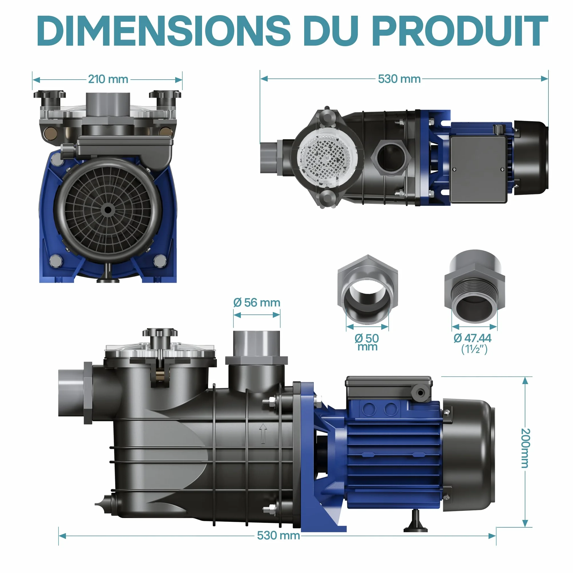 Wiltec Pompe piscine 1100 W – Débit 17700 l/h – Hauteur refoulement 15 m – Filtration Circulation Eau