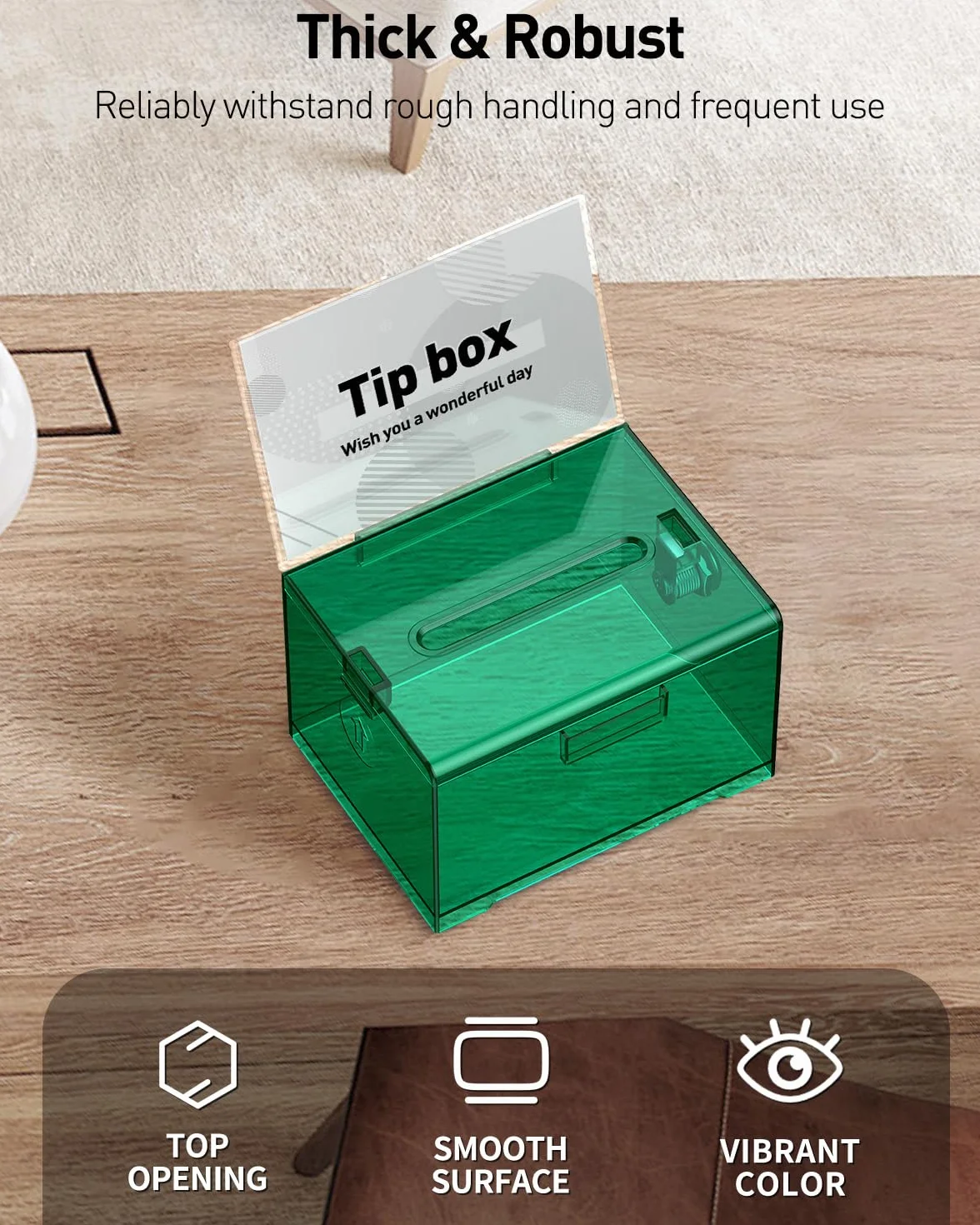 Uniclife Boîte à dons en acrylique avec serrure et porte-pancarte Vert transparent