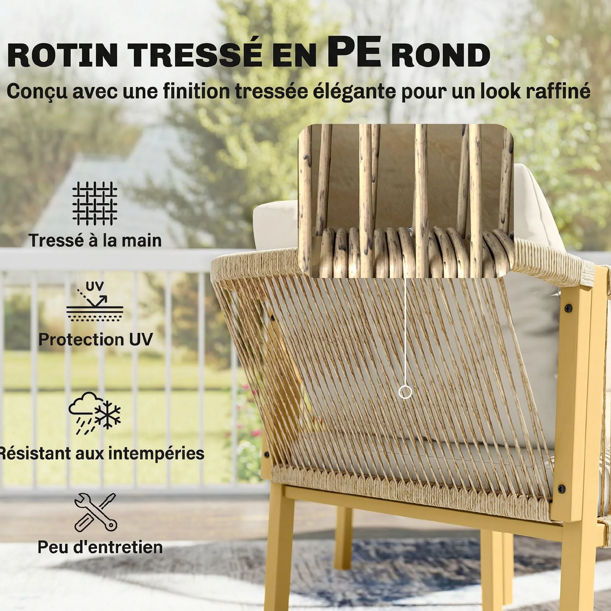 Outsunny Salon de Jardin Extérieur Résine Tressée 4 Pièces Canapé 2 Places Fauteuils Table Basse Coussins Déhoussables Plateau Acier Kaki