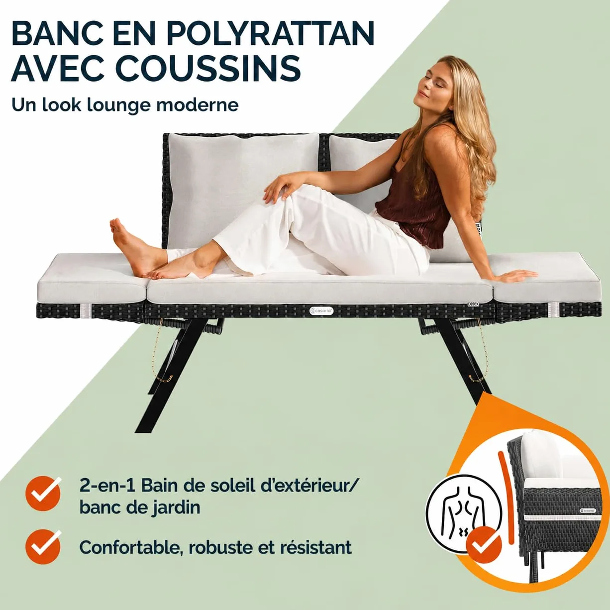 Casaria® Banc de Jardin Noir/Blanc polyrotin Fonction Chaise Longue réglables Extérieur Jardin Terrasse Balcon Canapé