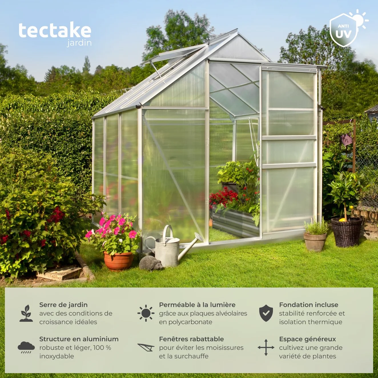 tectake® Serre de Jardin avec Base en Aluminium Polycarbonate pour Potager Exterieur Serre de Jardin pour Hivernage Tente Abri pour Les Plantes Serre à semis Jardinage - 190x185x195 cm