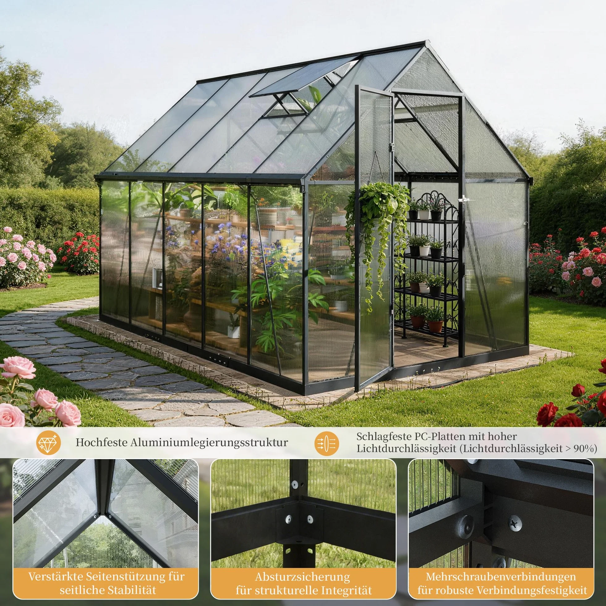 Serre de jardin en polycarbonate de 6 x 10 pieds praticable, maison de plantes de jardin extérieur avec ventilation, porte verrouillable, cadre en aluminium