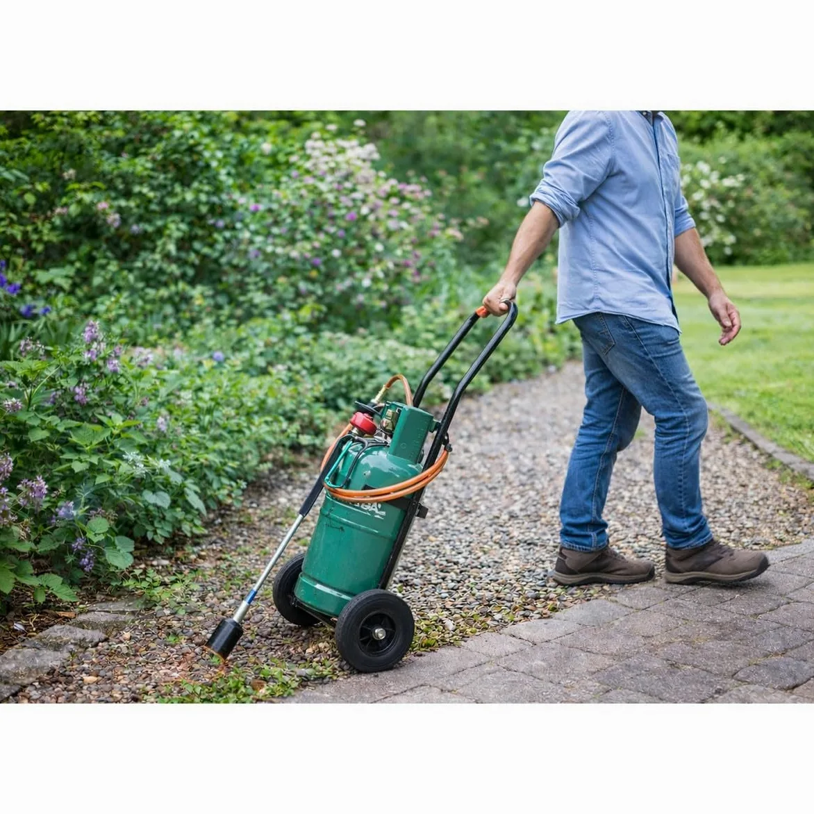PROWELTEK - Désherbeur Thermique Professionnel à Gaz Propane – Kit Complet Haute Performance pour Grands Jardins. Inclus : Brûleur 50mm, Tuyau 5m Pro, Chariot à Roues. Chaleur Puissante.