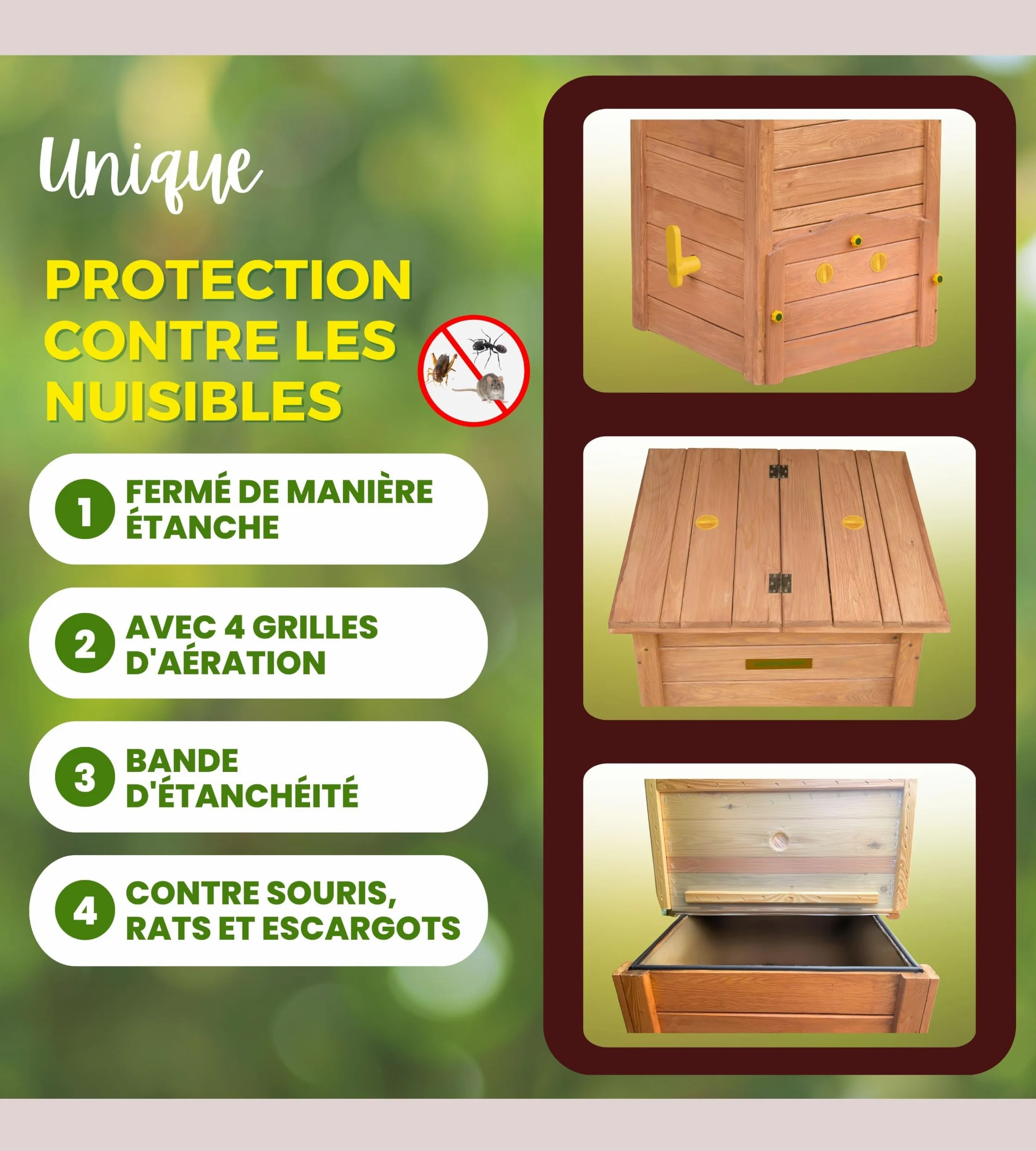 Bac à Compost en Bois 340 L – sans Odeurs, sans Brassage, Aération Verticale, Protection Anti-Nuisibles, avec Plaque de Fond