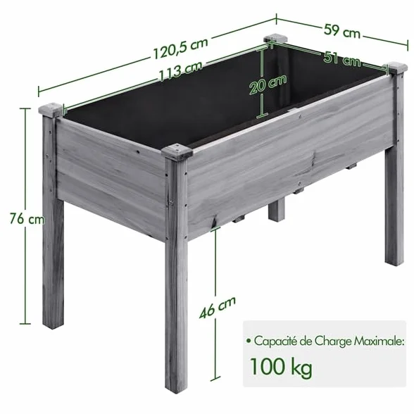 Yaheetech Carré Potager de Jardin sur Pied 120,5 x 59 x 76,5 cm Gris