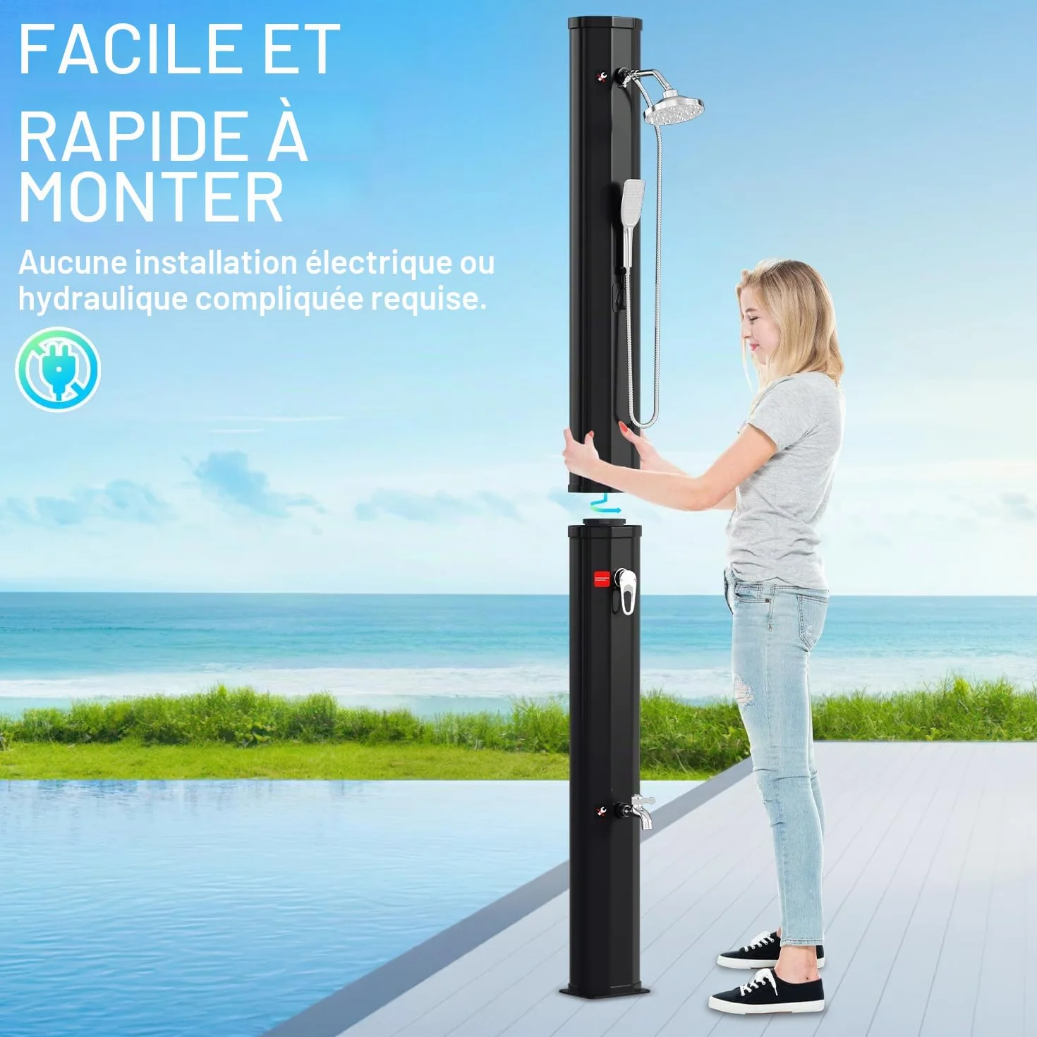 Herrselsam Douche Solaire de Jardin 40 l avec Capot de Protection Eau Chaude 60 °C sans Raccordement Électrique
