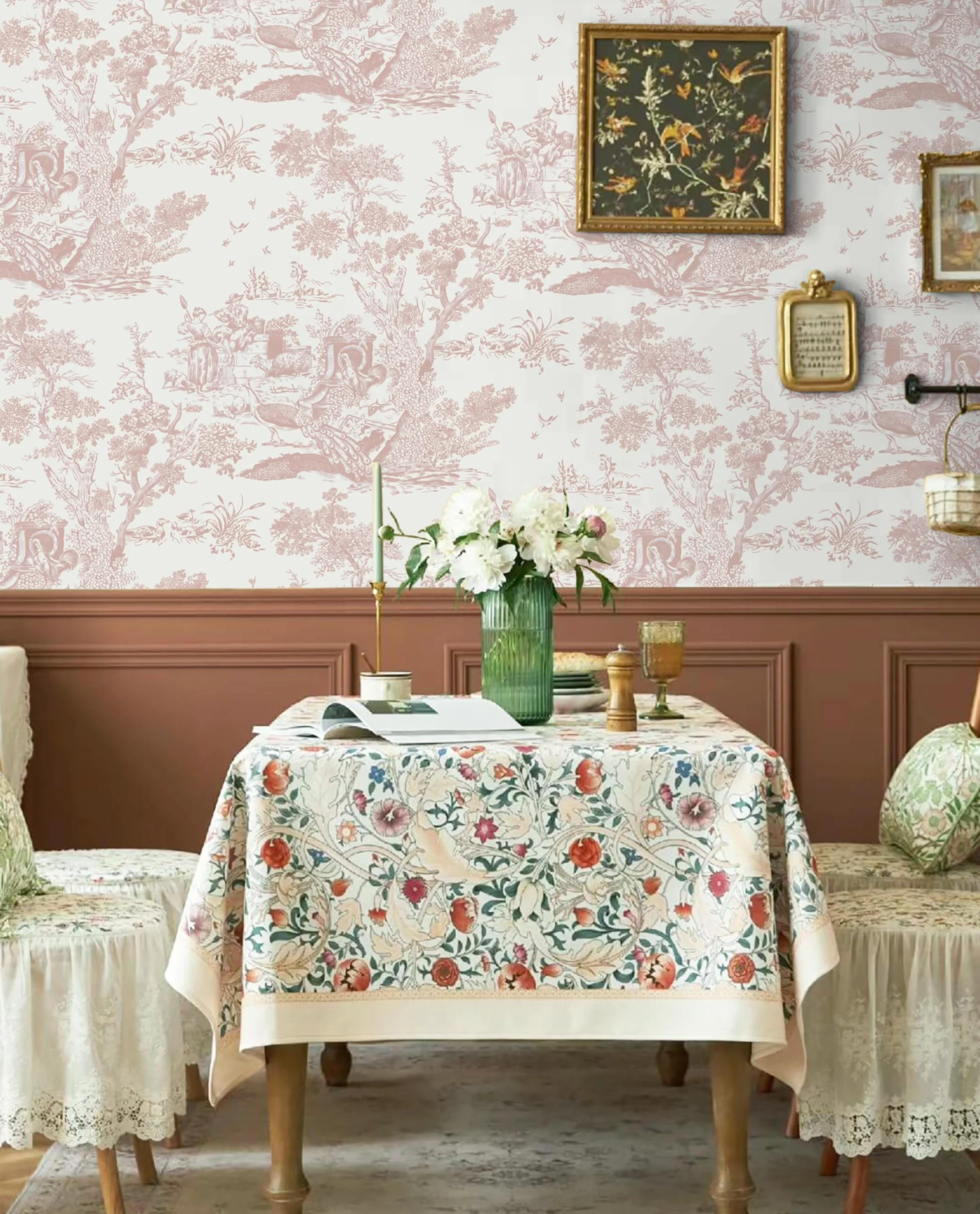 Papier Peint Autocollant Vintage 41 x 300 cm Vinyle Arbre Animaux Imperméable Rose Chambre