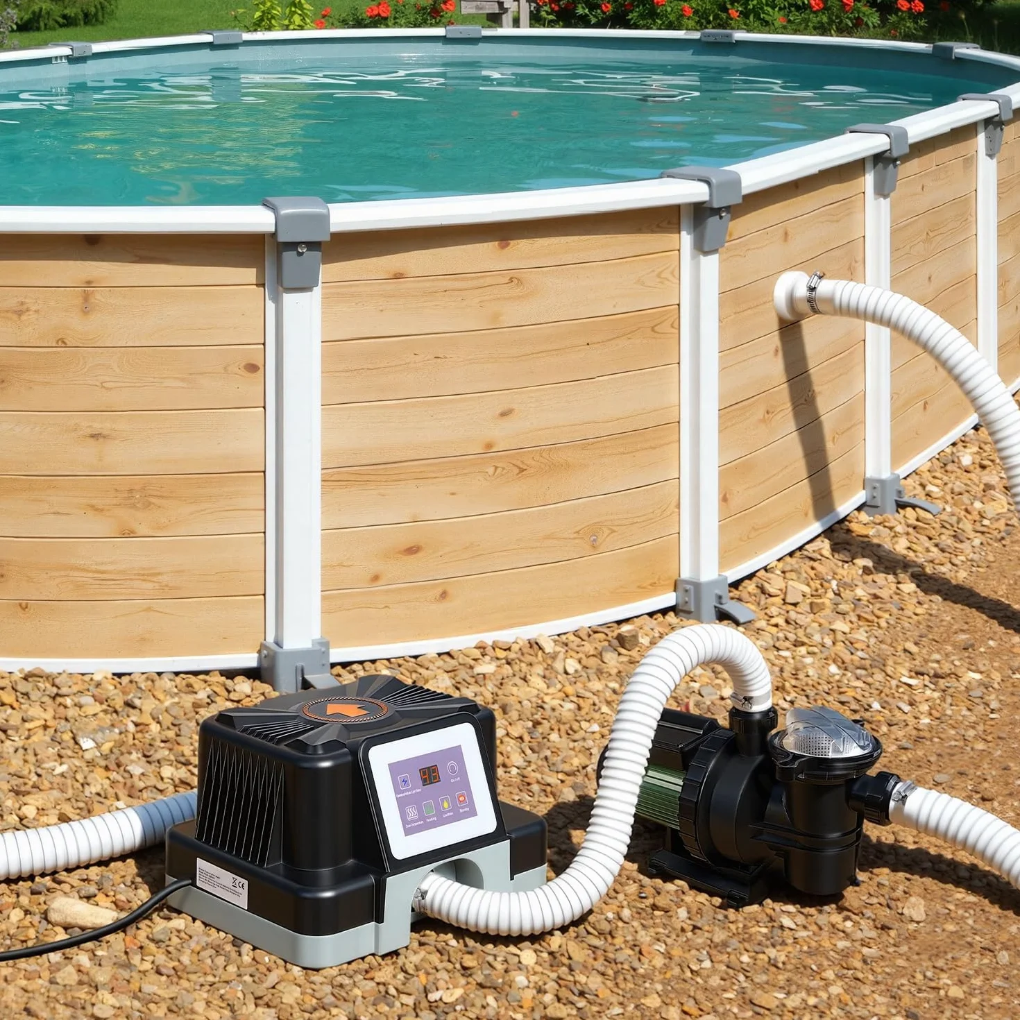 Chauffage électrique de piscine 3 kW avec affichage numérique, protection FI, anti-basculement, boîtier ignifuge, raccord 32-38 mm, 45 °C