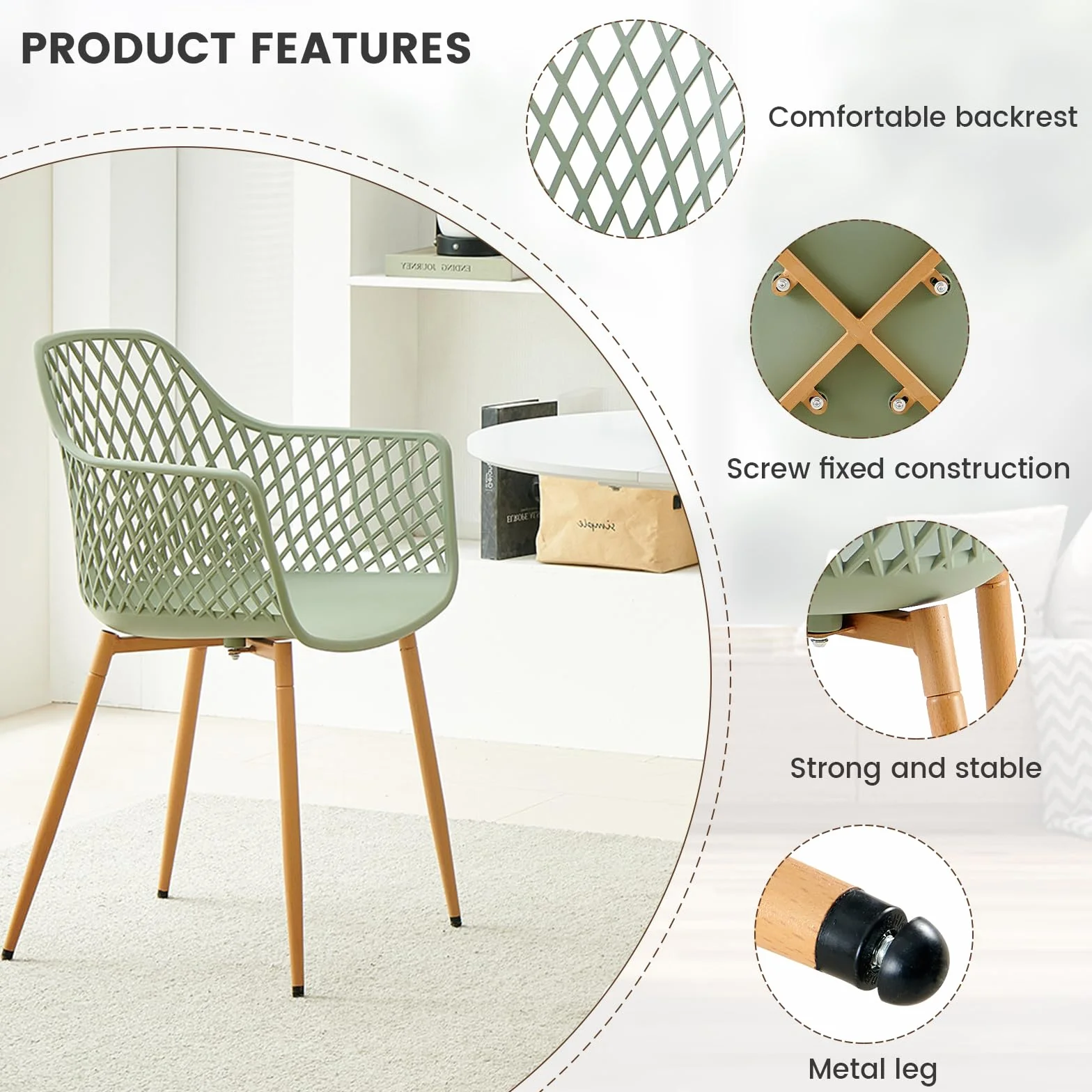 buybyroom Chaise de Jardin Exterieur Lot de 6, Chaise Plastique avec Accoudoir et Pied en Métal, Fauteuil Jardin Exterieur pour Terrasse,Balcon,Salle a Manger,Salon,Dossier à Design Ajouré,Grise-verte
