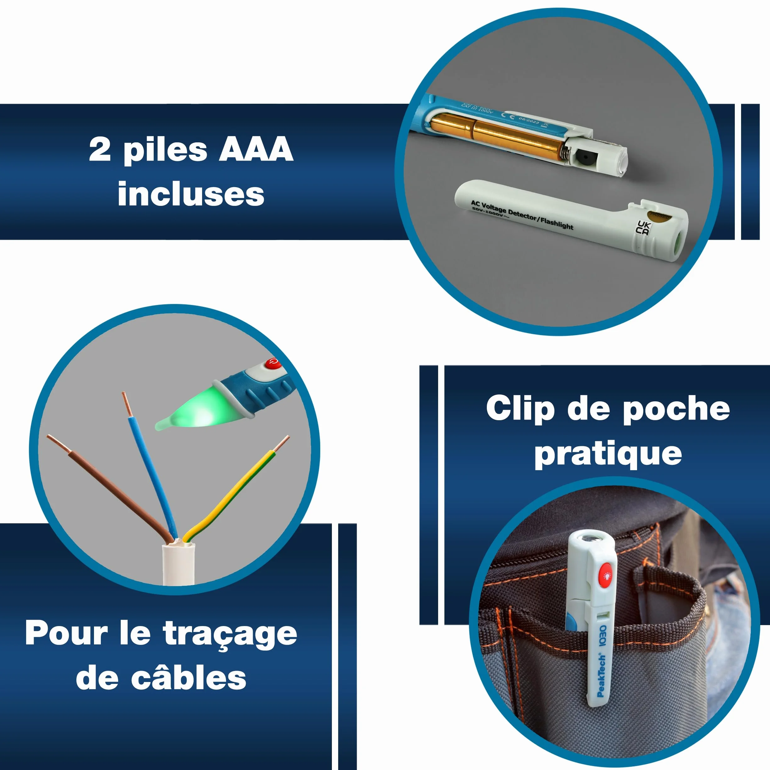 Peak Tech P 1030 Détecteur de Tension Alternative Sans Contact 50-1000 V AC Lampe LED Testeur Signal Acoustique Visuel 157x26 mm