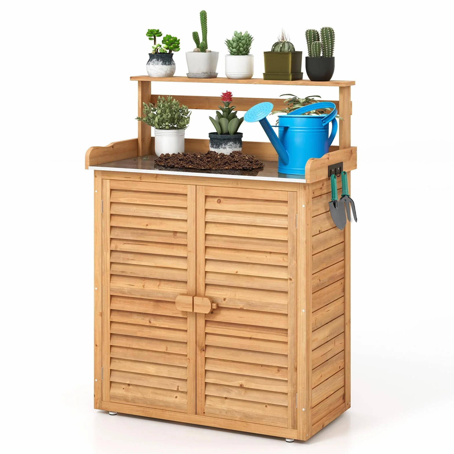 GOPLUS Table de Rempotage en Bois de Sapin, Armoire de Rangement de Jardin avec Plateau en Métal, 87 x 45 x 120 cm, Naturel