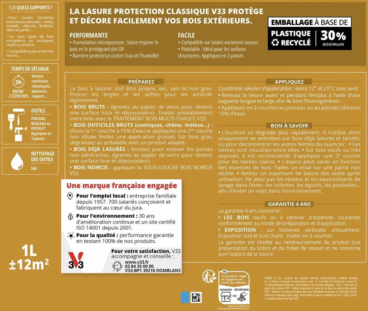 V33 Lasure Bois extérieur Chêne clair Protection Classique 4 ans 5L