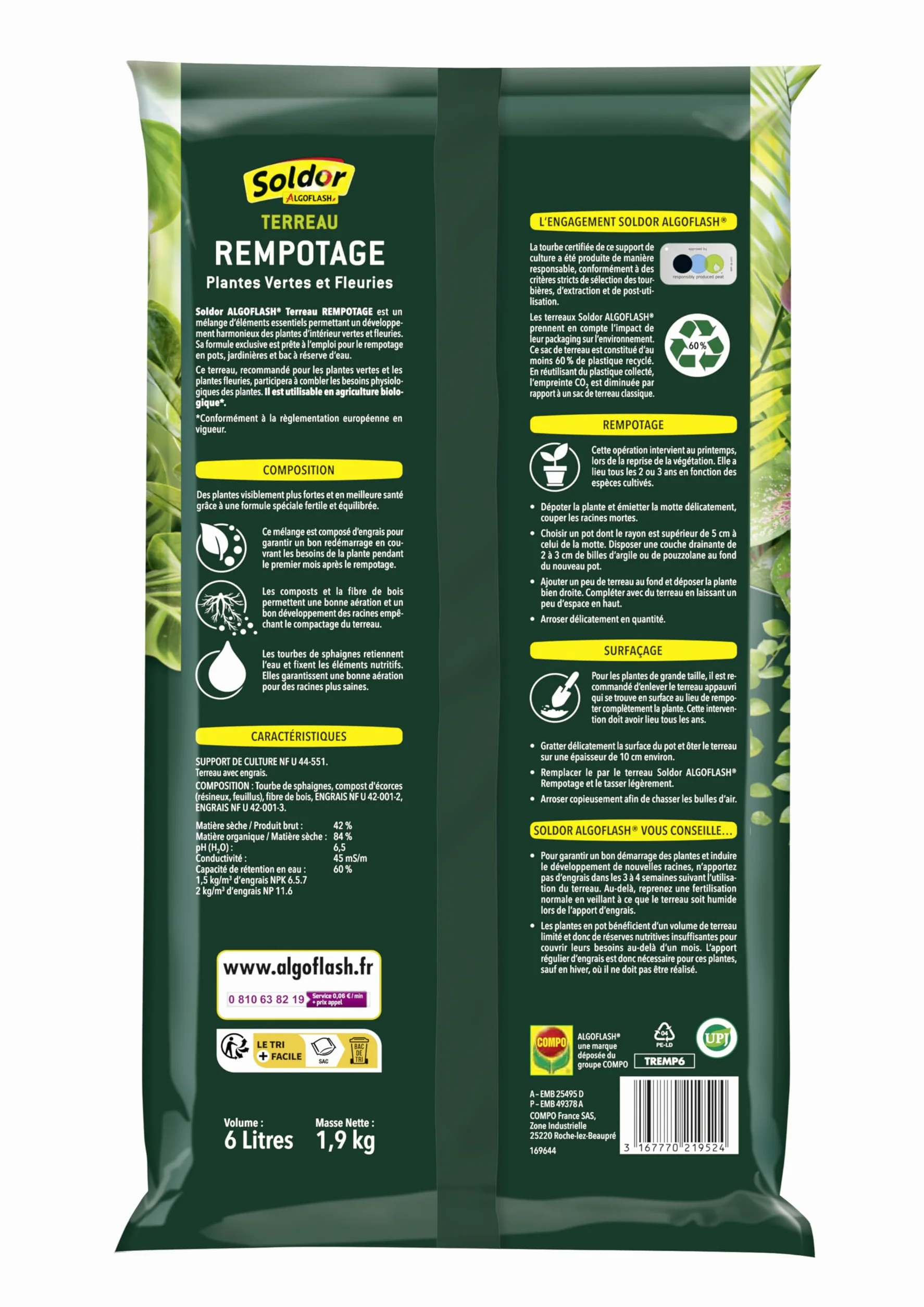ALGOFLASH Terreau Rempotage Plantes Vertes et Plantes Fleuries, UAB, Prêt à l'Emploi, Fabriqué en France, 6 L,TREMP6