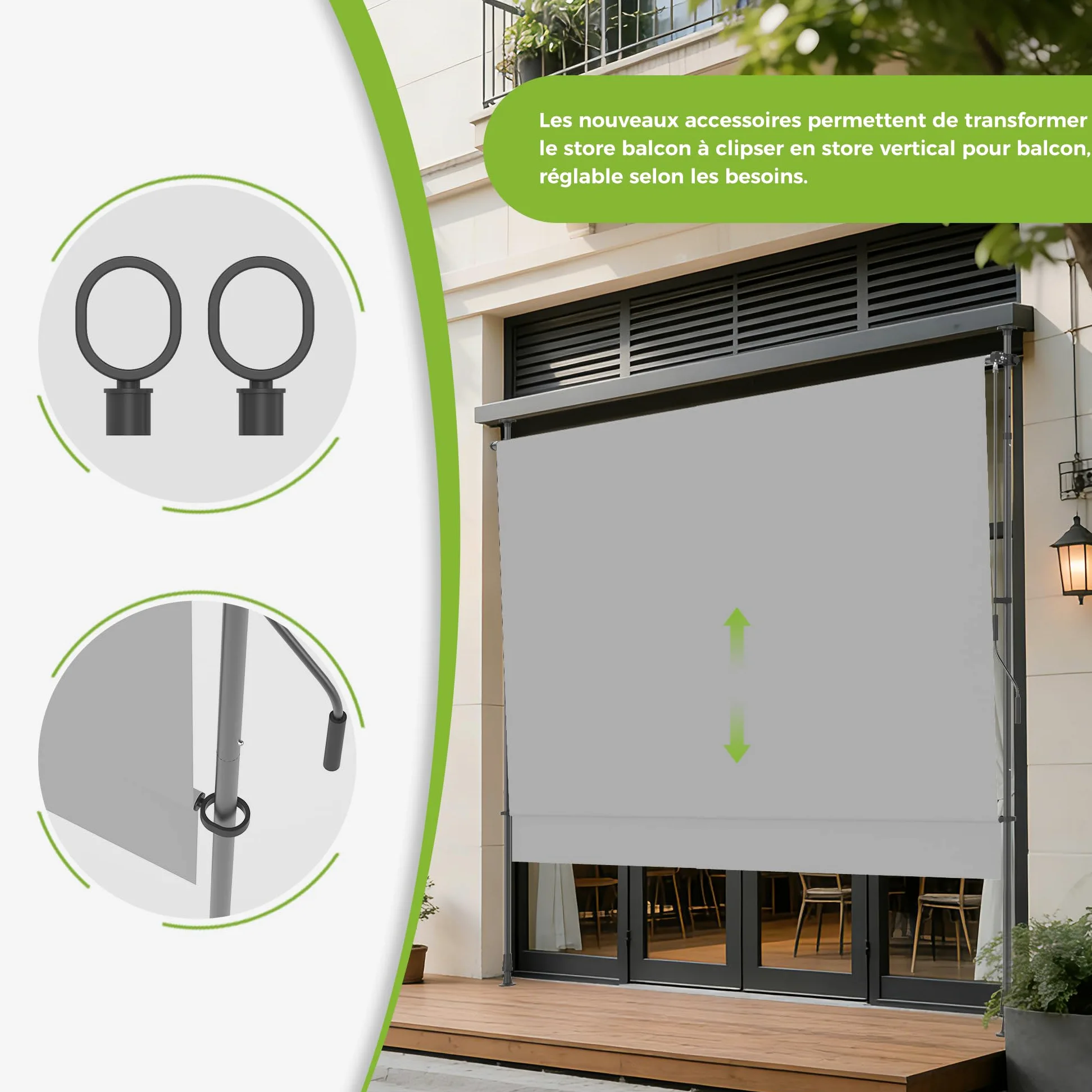 BelleMax Store Balcon sans percage,Store Banne Pliant 2-in-1,Protection UV et imperméable, réglable en Hauteur, Gris 300 cm x (125 + 25 cm)