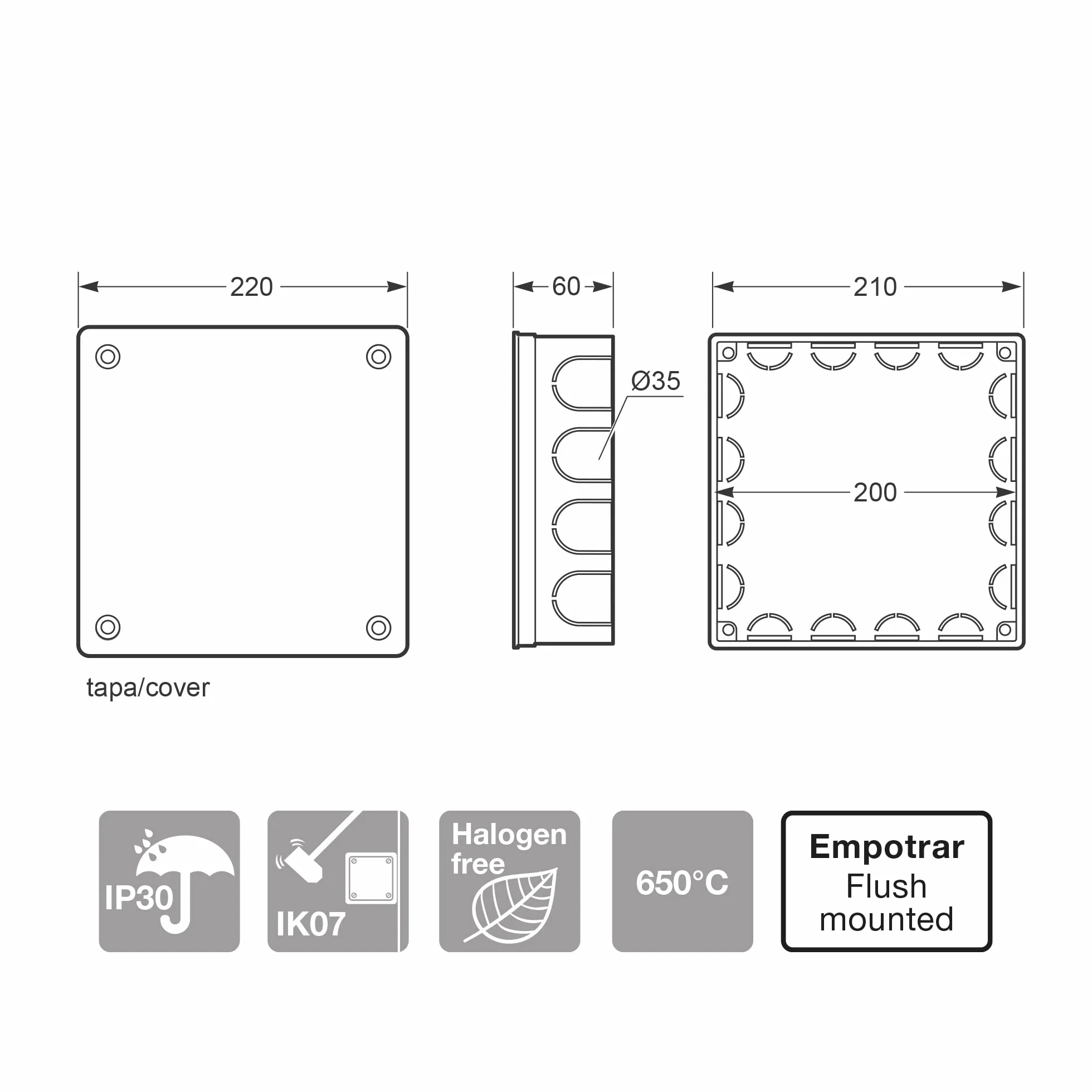 FAMATEL Boîte encastrée 3204T 200 x 200 x 60 mm