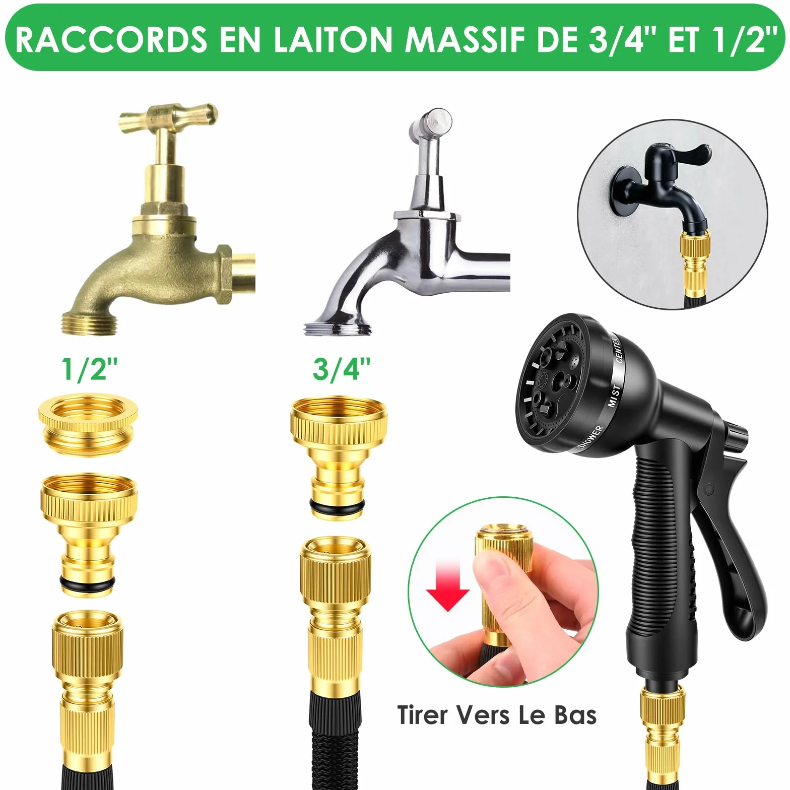 Tuyau d'arrosage extensible 30M 100FT avec pistolet 8 fonctions adaptateurs 1/2'' 3/4'' jardin noir