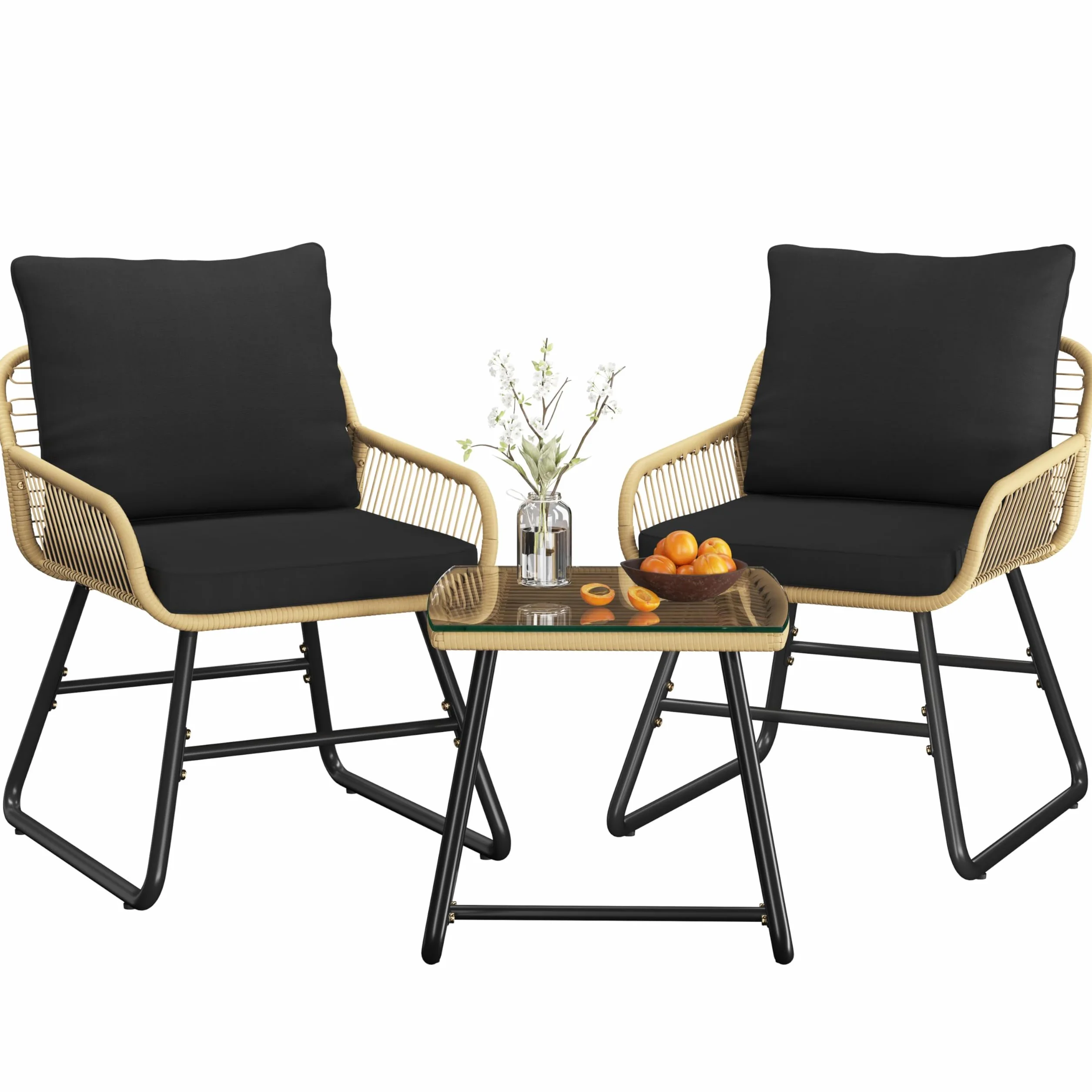 Abician Salon de Jardin Polyrotin 3 Pièces Ensemble 2 Personnes Fauteuils Table Basse Verre Trempé Beige Noir