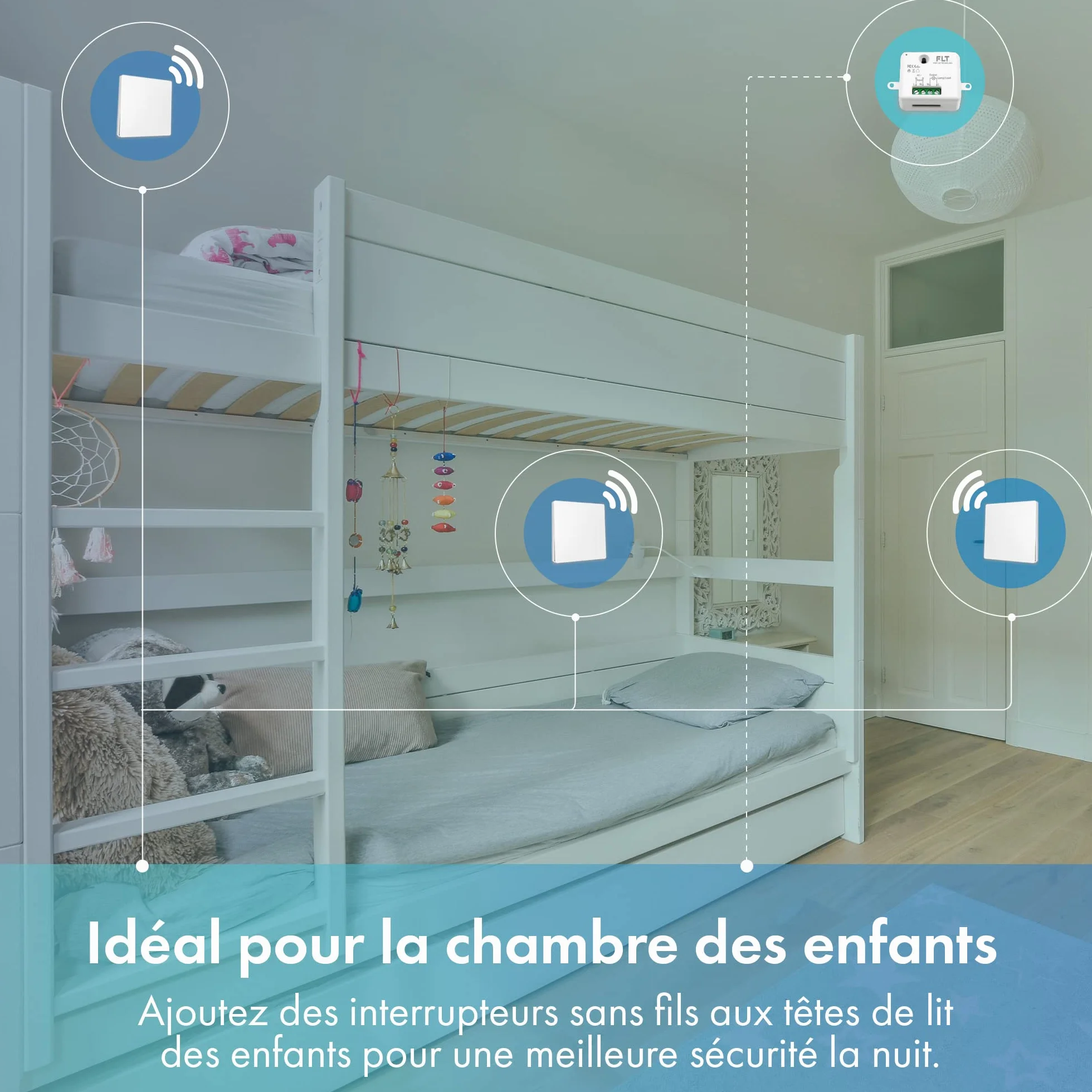 Interrupteur sans fil auto-alimenté RF 2 télécommandes double allumage + relais radio encastrable IP64