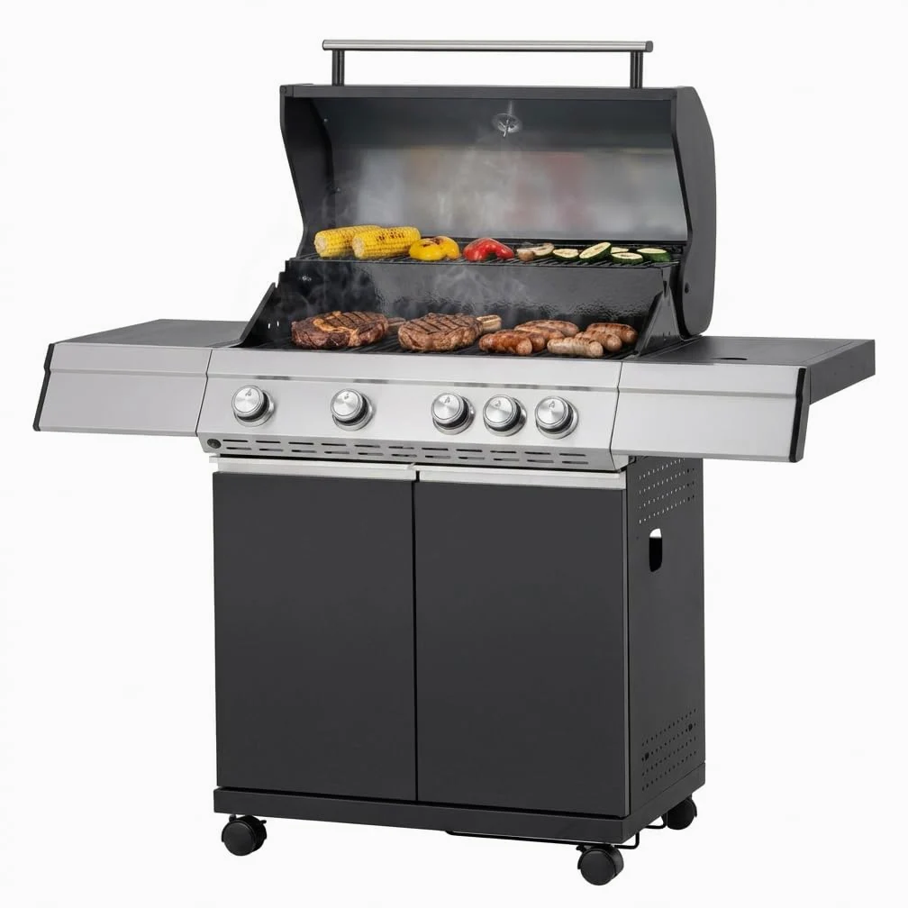 Tarrington House Barbecue à Gaz Paxton, 4 Brûleurs + 1 Latéral, Acier/Acier Inoxydable, 17 kW, Couvercle avec Thermomètre, Table latérale, Allumage électrique, Roulettes, Noir