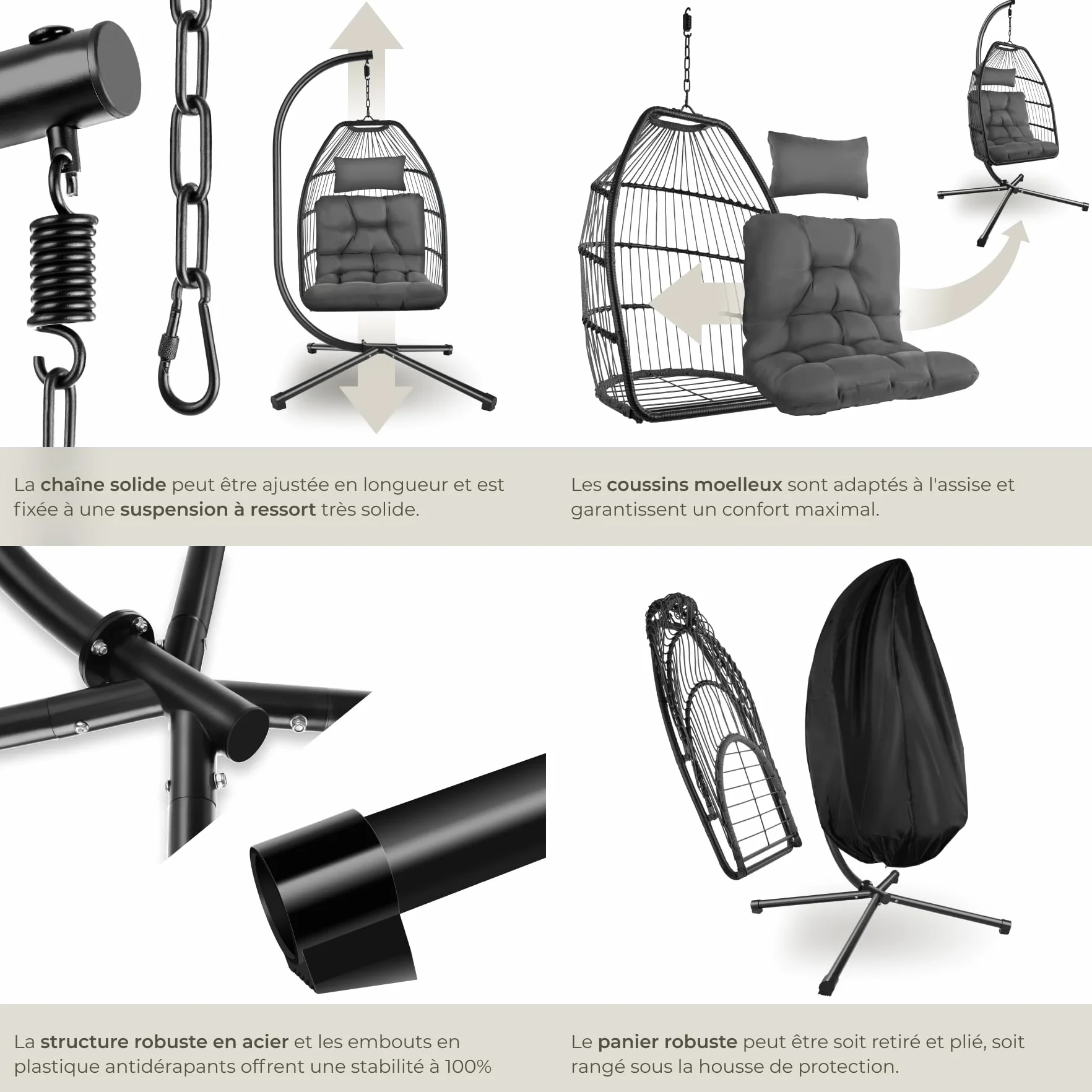 Tectake Fauteuil Oeuf Suspendu Chaise Hamac Balancoire Cocooning avec Structure en Acier et Coussin Épais
