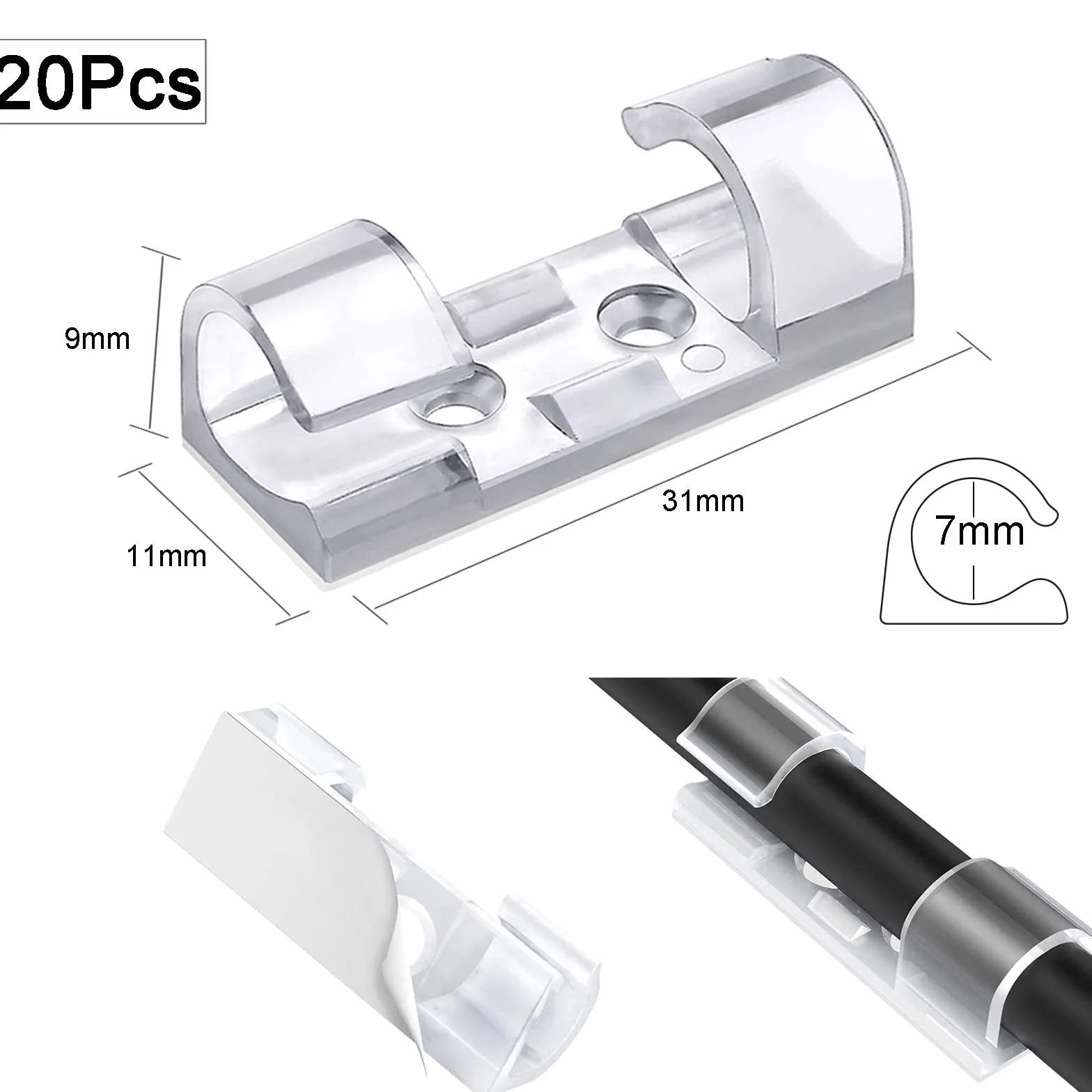 Clips Câble Adhésif 20 Pièces Transparent Rangement Câbles Maison Bureau