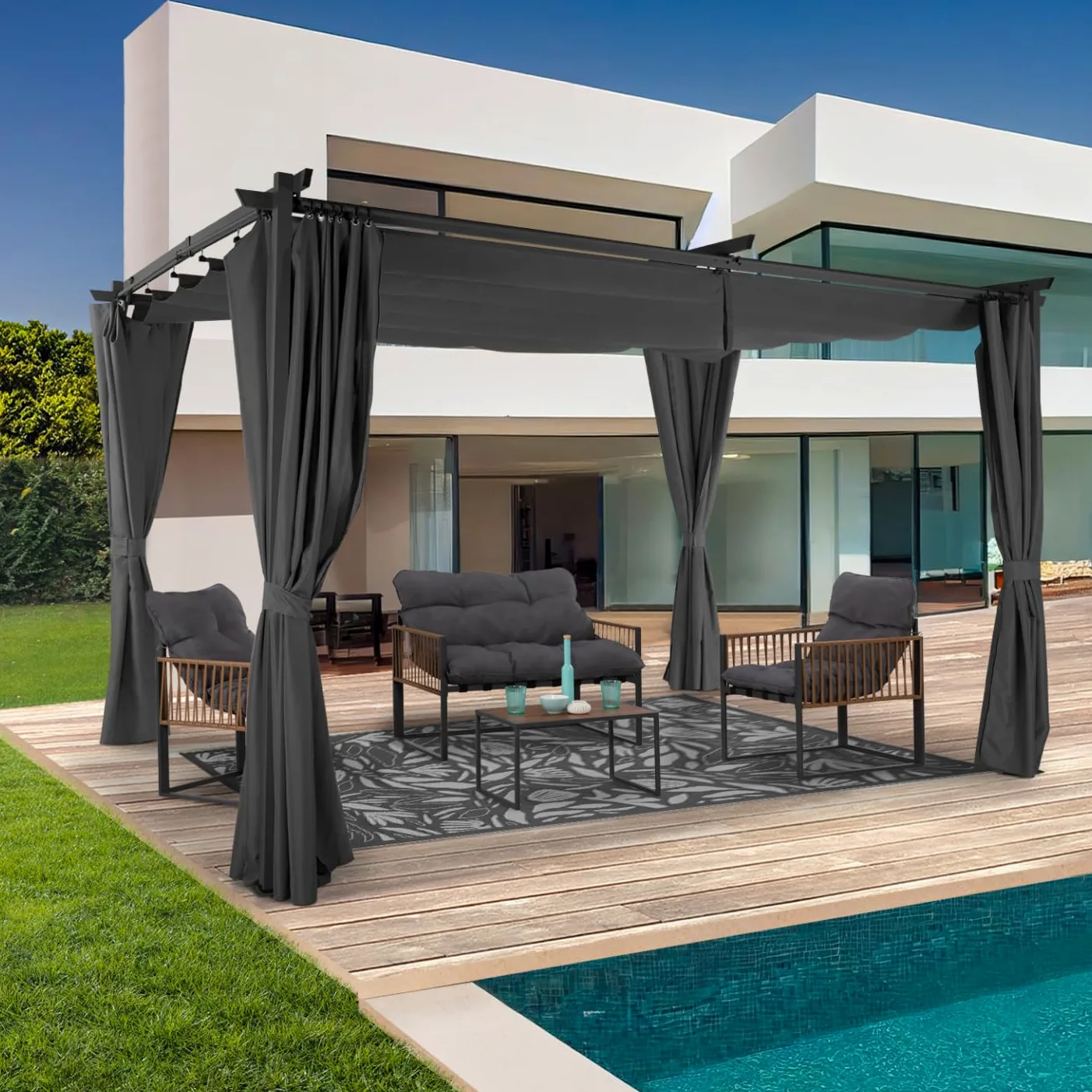 IDMarket - Pergola édition limitée Toit rétractable 3x4 M et 4 Rideaux Gris Anthracite
