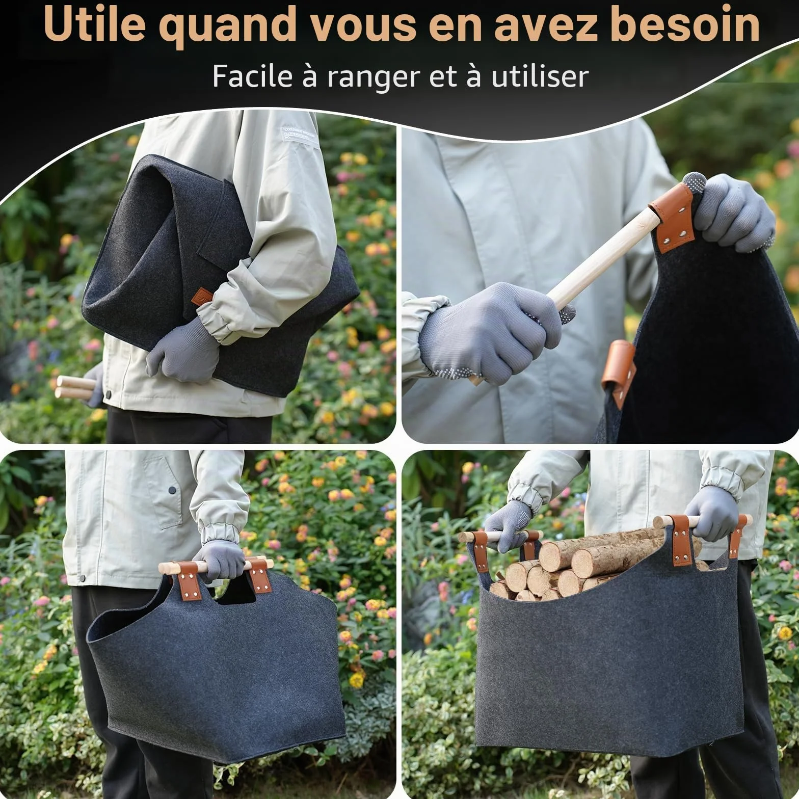 Panier à bois pour bois de cheminée - Taille XXL - Avec double cuir renforcé - 100 l - En feutre - Avec poche avant - Pliable - 60 x 40 x 40 cm