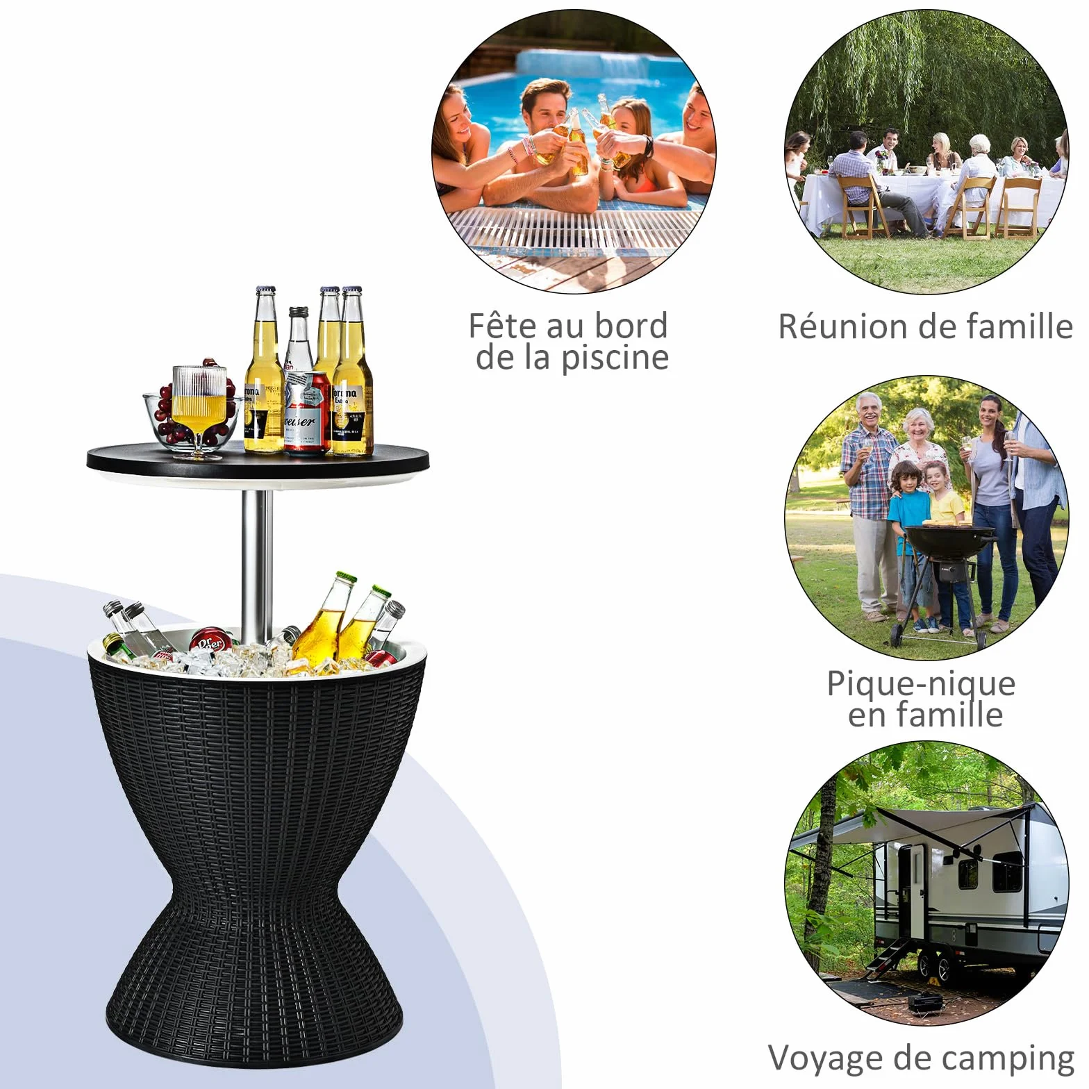 Table Glacière 30L Seau à Glace Imitation Rotin avec Plateau Relevable 2 en 1