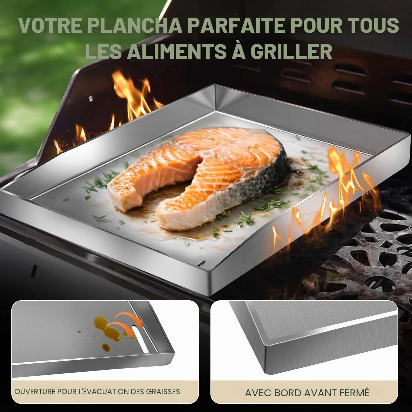 Lot plancha acier inoxydable massif 4 mm 30 x 40 cm pour barbecue gaz charbon avec spatule