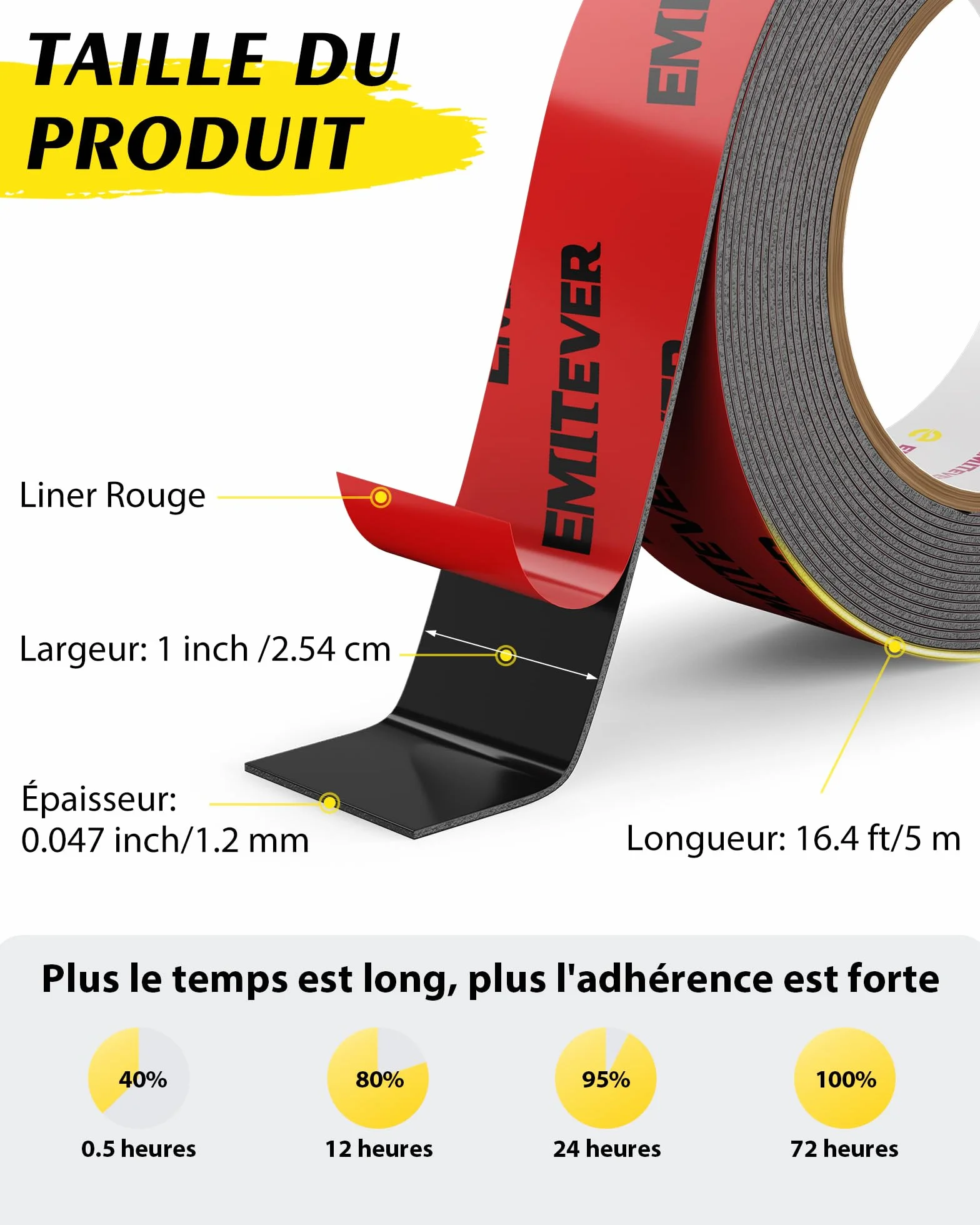 Ruban Double Face Extra Fort 25mm 5M Adhésif Acrylique Imperméable Noir