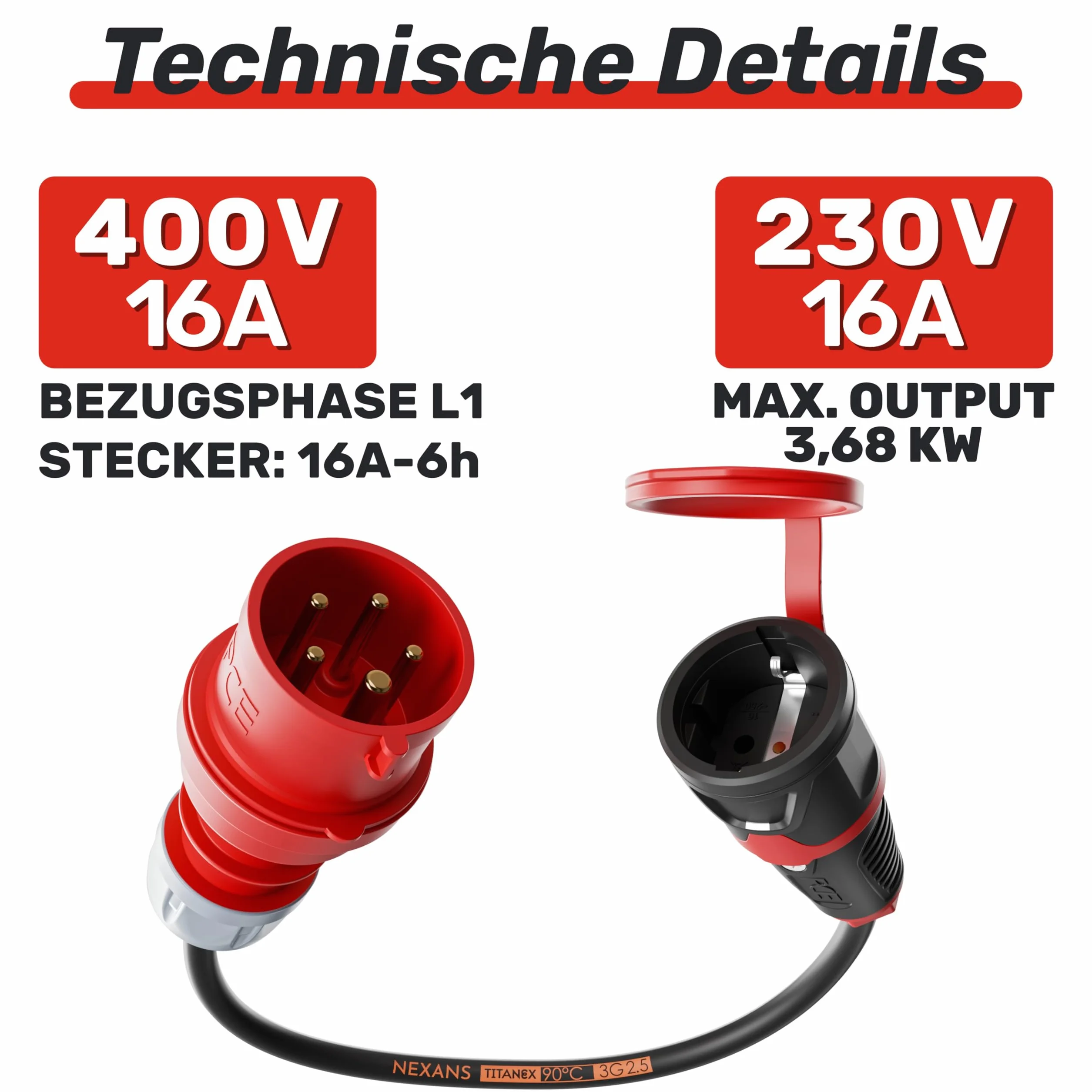 Adaptateur NWP 16 A 400 V vers prise Schuko 230 V IP44 3 x 2,5 mm² Câble en caoutchouc