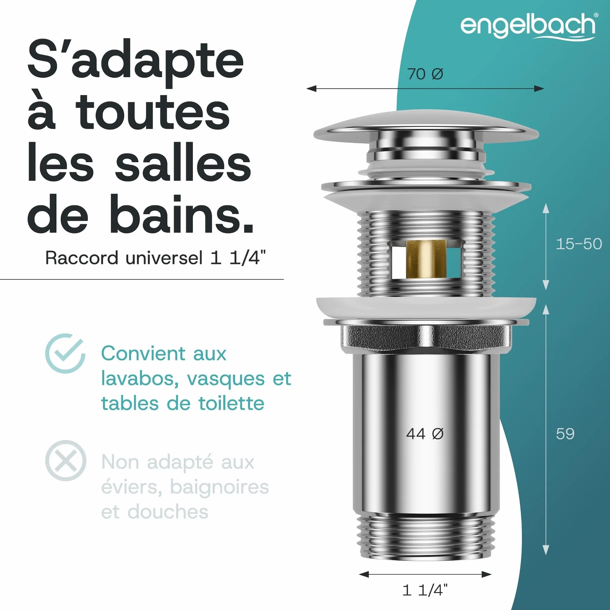 Engelbach Bonde de lavabo avec trop-plein Bouchon clic-clac 3 Joints Inclus Modèle Universel