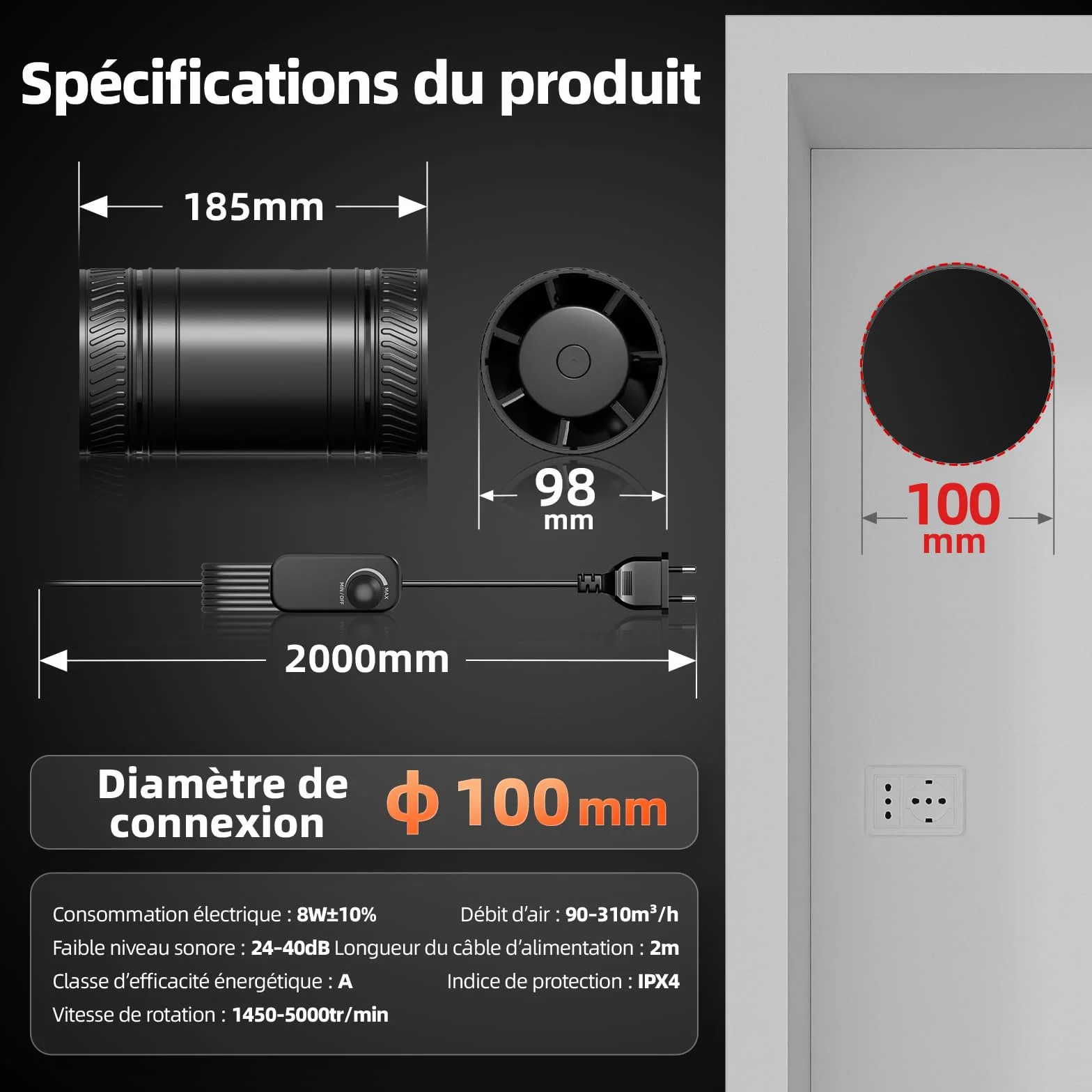 Ventilateur Extracteur d'Air Réglable 100 mm, 8 W 310 m³/h, Silencieux, Protection Surchauffe, Ventilateur de Conduit pour Serre, Salle de Bain, Cave Humide, Garage, Cuisine - P124