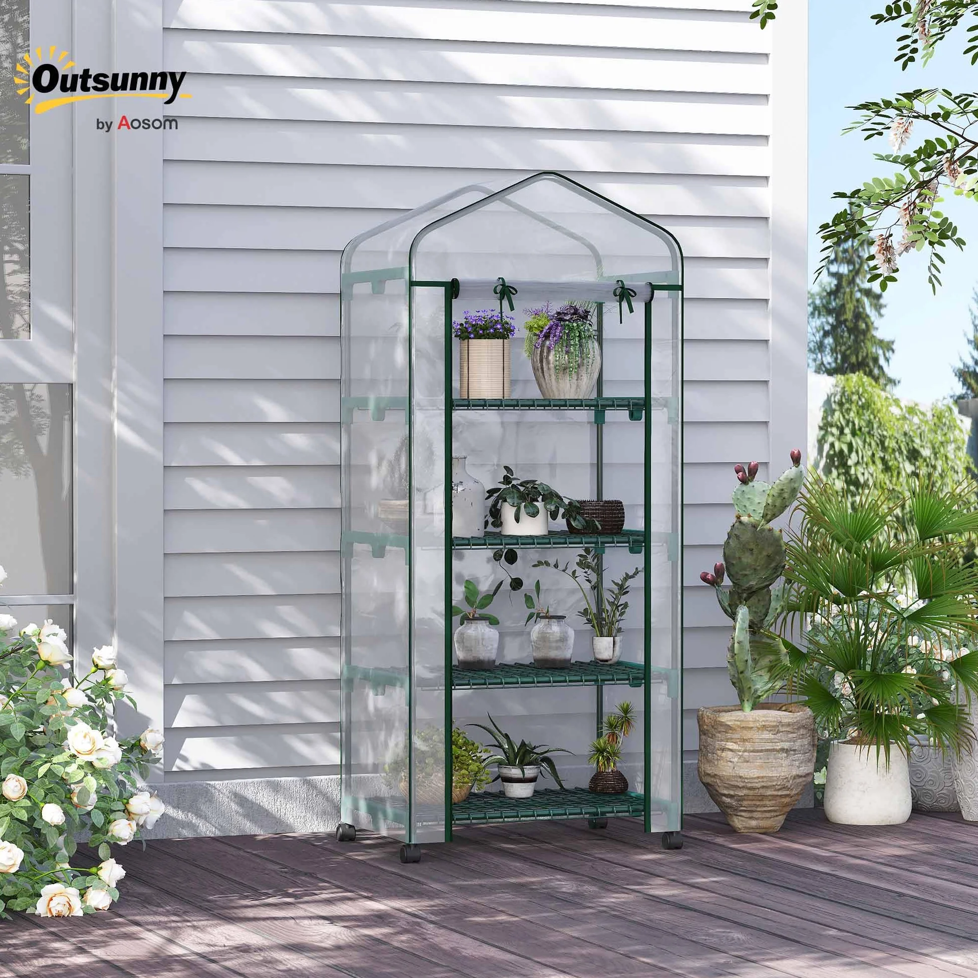 Outsunny Serre de Jardin 4 Niveaux avec étagères, Balcon, bâche renforcée, Acier, Porte zippée, 69x50x165 cm