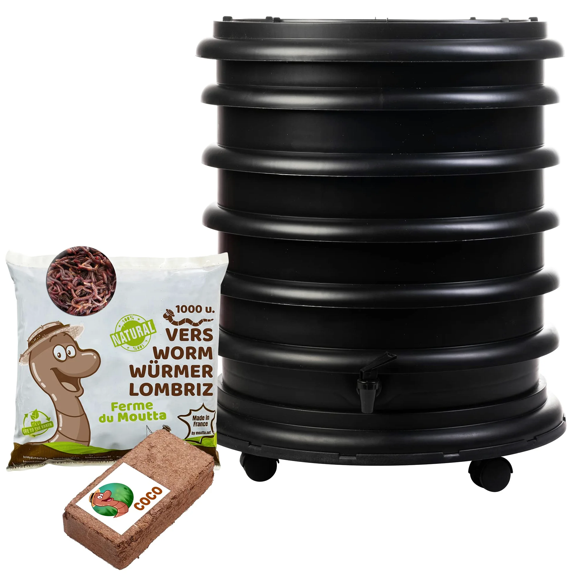 WORMbox | Lombricomposteur 4 Plateaux Noir + 500gr de vers de Compost + 1 Bloc Coco | 64 litres | Compostez Vos déchets organiques, Les vers de Terre/lombrics produisent du lombricompost