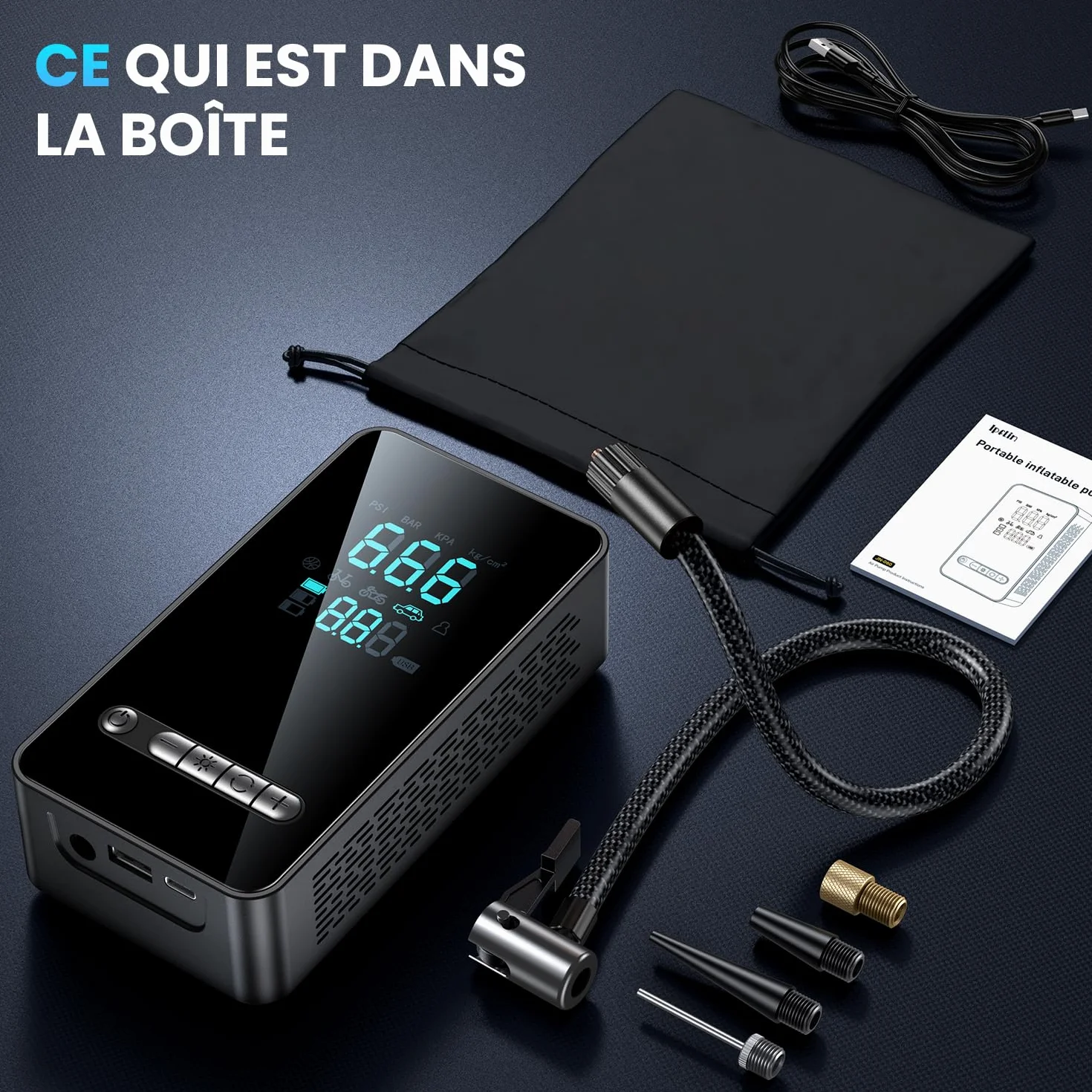 Gonfleur Pneus Voiture Sans Fil 150 PSI Compresseur Air Portatif Batterie Rechargeable