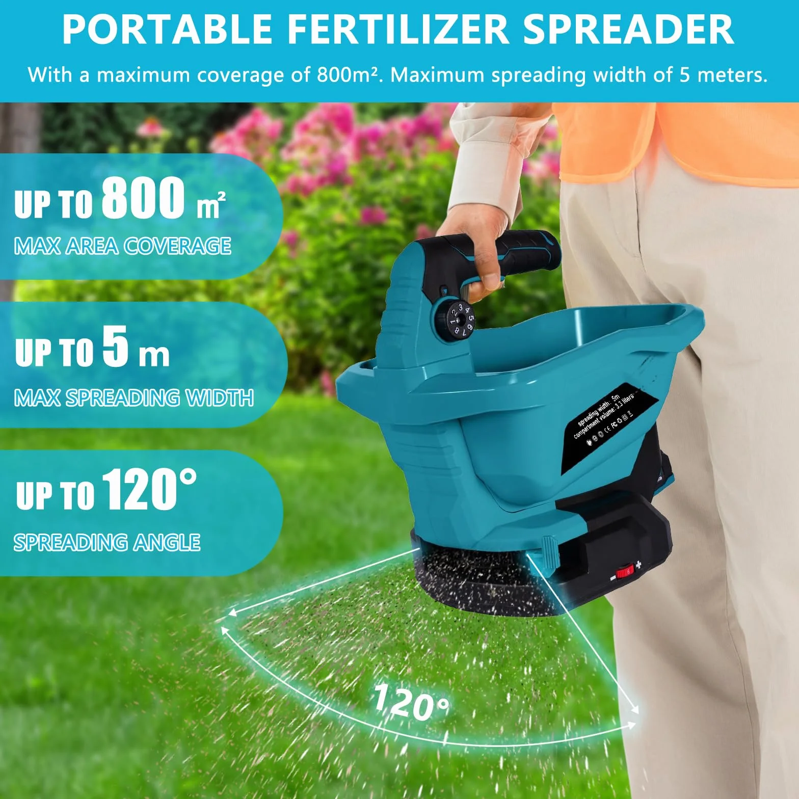 Épandeur d'engrais Portable, Épandeur sans Fil avec Réglage de Vitesse en 6 étapes, 3,3 litres,Couvre Jusqu'à 800m², Électrique Épandeur de Semences Inclus 2 Batteries et Chargeur