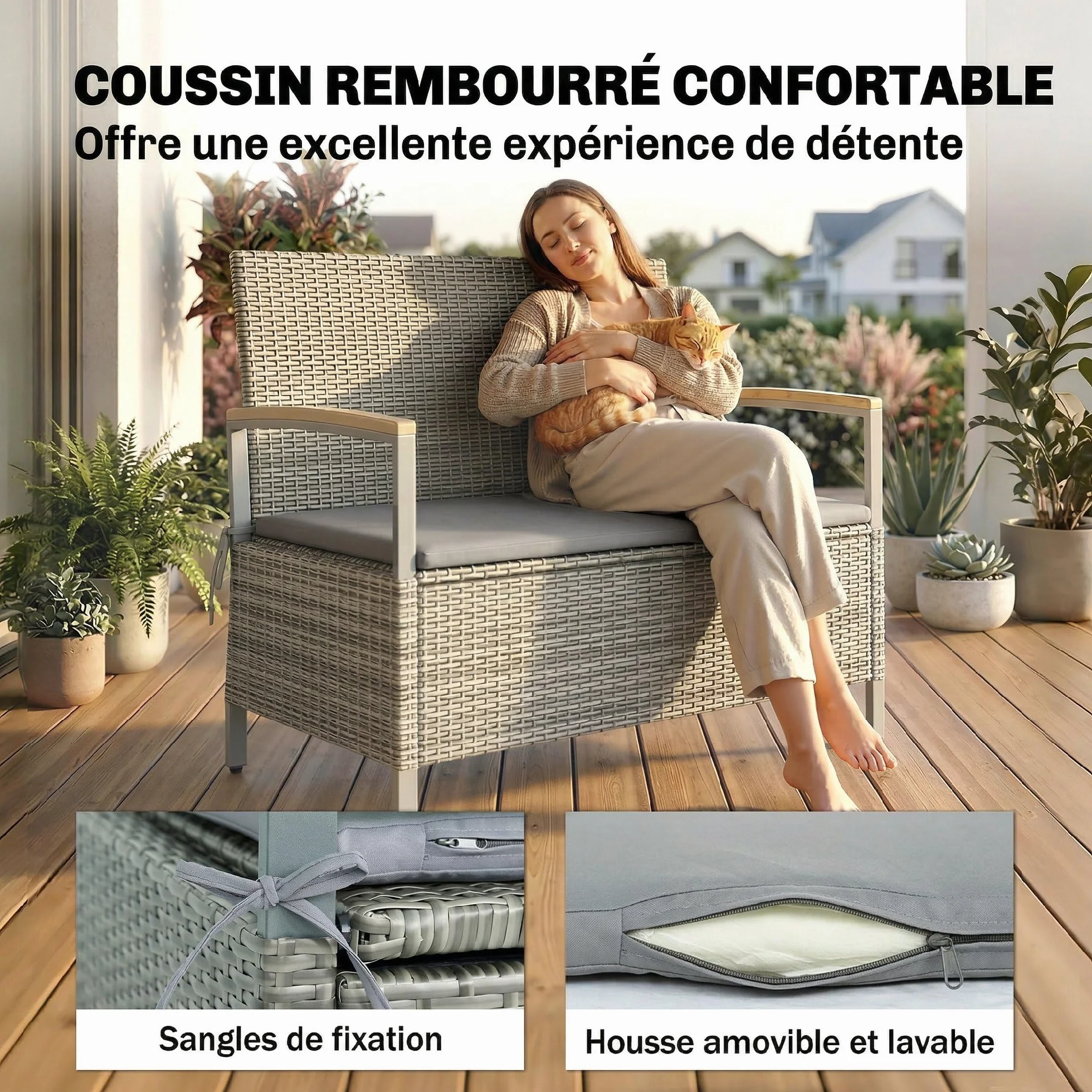 Banc de Jardin avec Coffre de Rangement 170L Outsunny Banquette 2 Places Résine Tressée Coussin Déhoussable Accoudoirs Bois d'Acacia Vérin à Gaz Gris