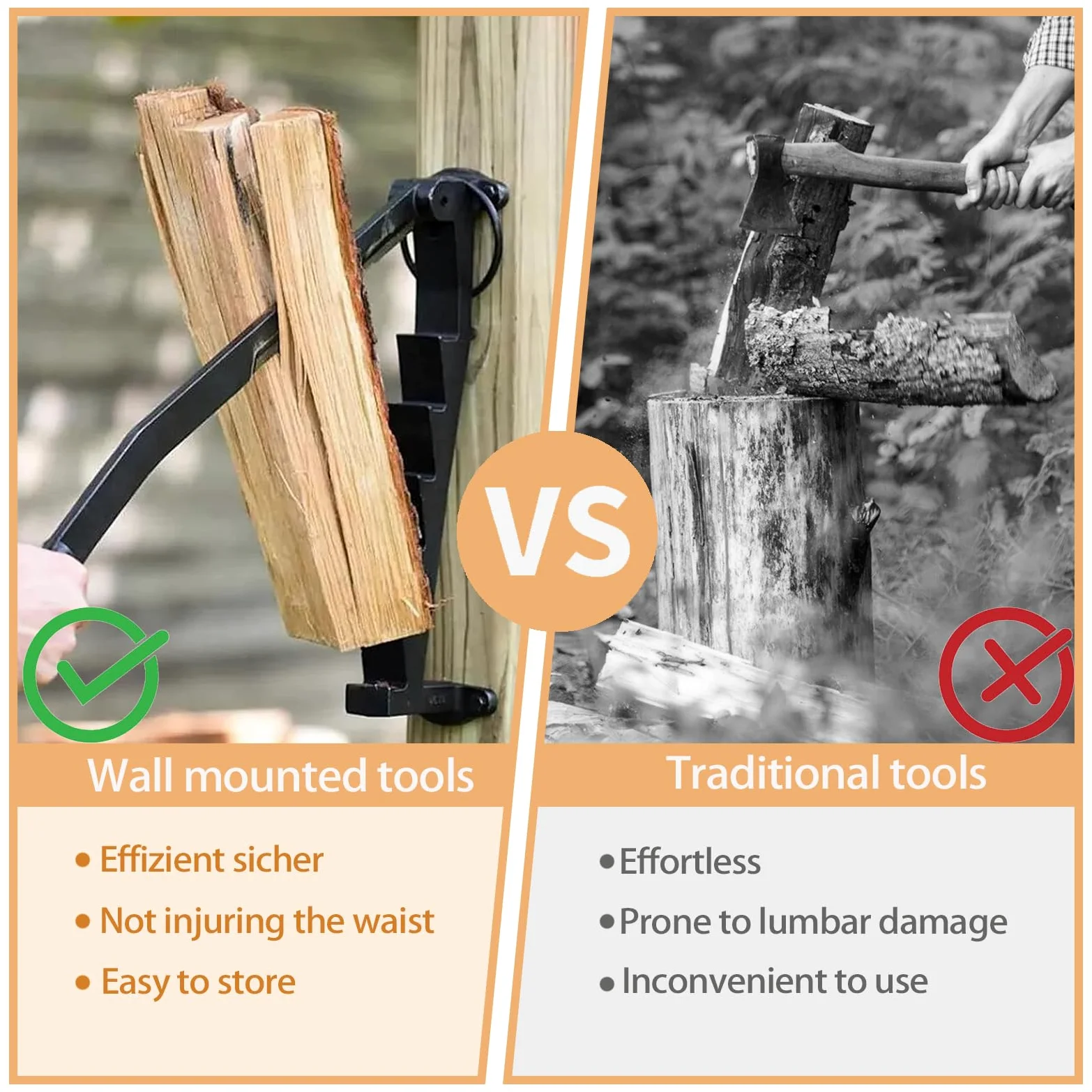 Fendeur de bois manuel - Fendeuse de bois murale pratique - Fendeuse de bois de chauffage efficace avec acier au carbone et poignées amovibles - Convient pour l'intérieur et l'extérieur
