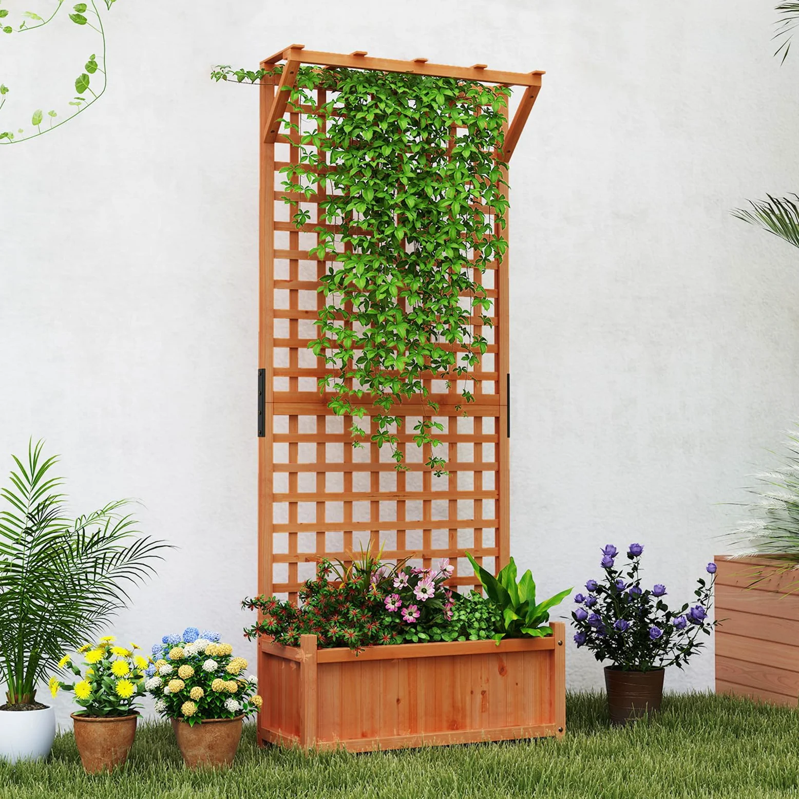 GOPLUS Jardinière avec Treillis 183cm en Bois de Sapin, Trou de Drainage pour Plantes Grimpantes, Fleurs, Bac à Fleurs avec Treillis pour Cour, Jardin, Balcon, 75x33x183cm