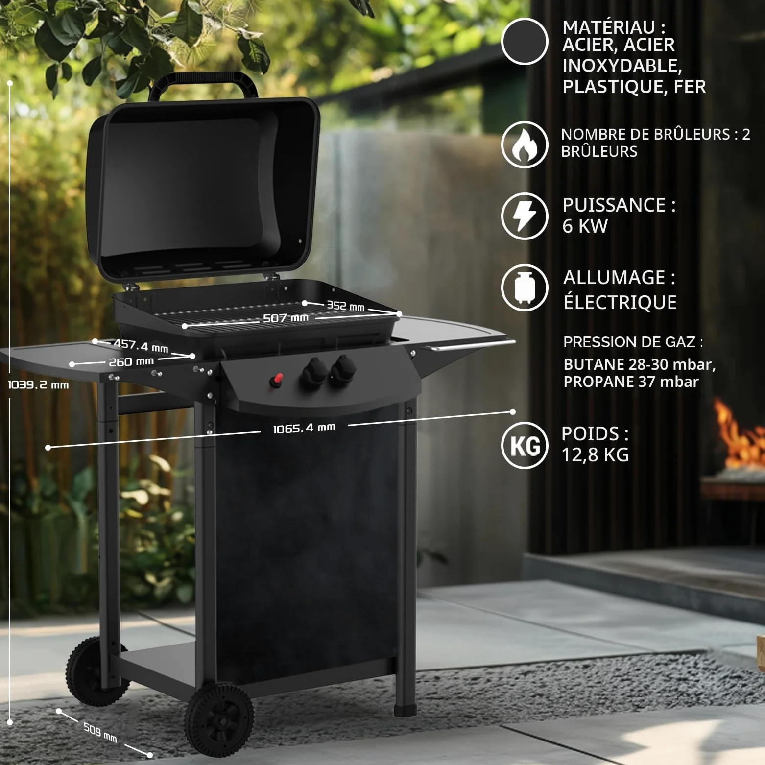 Topwish barbecue gaz, barbecues à gaz 2 brûleurs,plancha gaz exterieur,étagère rabattable en latéral, sur roulettes,6000W,106.44 * 55.6 * 103.85cm