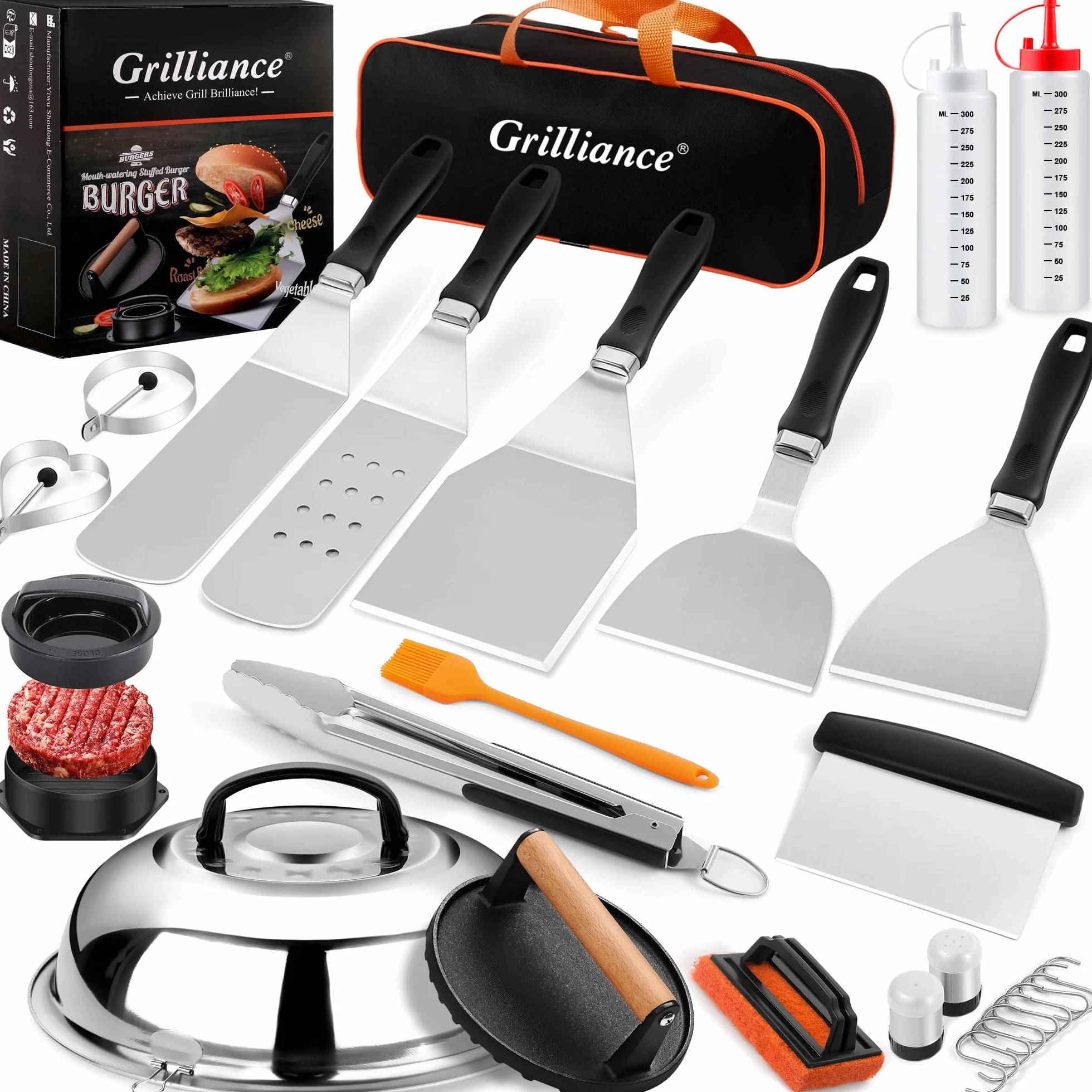 Grilliance 27PCS Spatule Plancha Accessoires INOX, Teppanyaki Grill Set d'ustensiles de Barbecue avec Presse à Hamburger et Cloche Cuisson