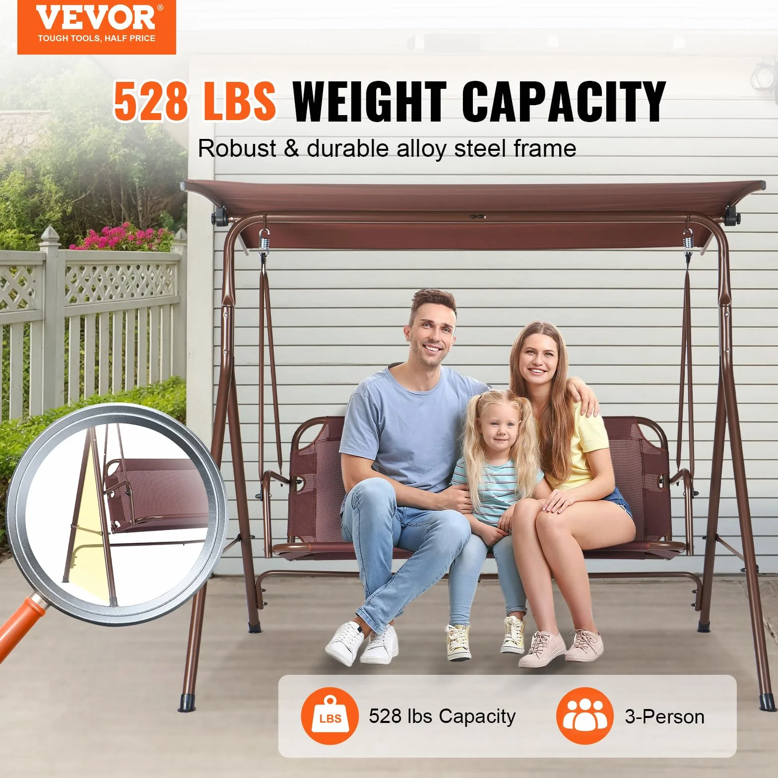 VEVOR Balancelle de terrasse pour 3 Personnes, balançoire avec auvent réglable de Porche, avec accoudoirs, Tissu Teslin, Cadre en Acier allié pour Balcon, Cour, Patio, Jardin, Bord de Piscine, Marron