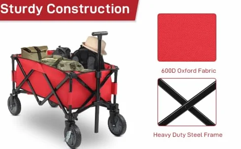 Bonnlo Chariot Pliable a Roulette pour Jardin 100 kg Rouge Tissu Oxford 600D Cadre Acier Allié