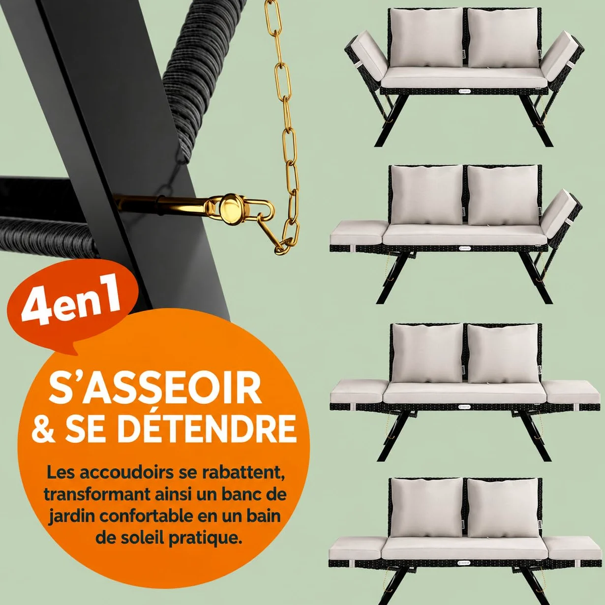 Casaria® Banc de Jardin Noir/Blanc polyrotin Fonction Chaise Longue réglables Extérieur Jardin Terrasse Balcon Canapé