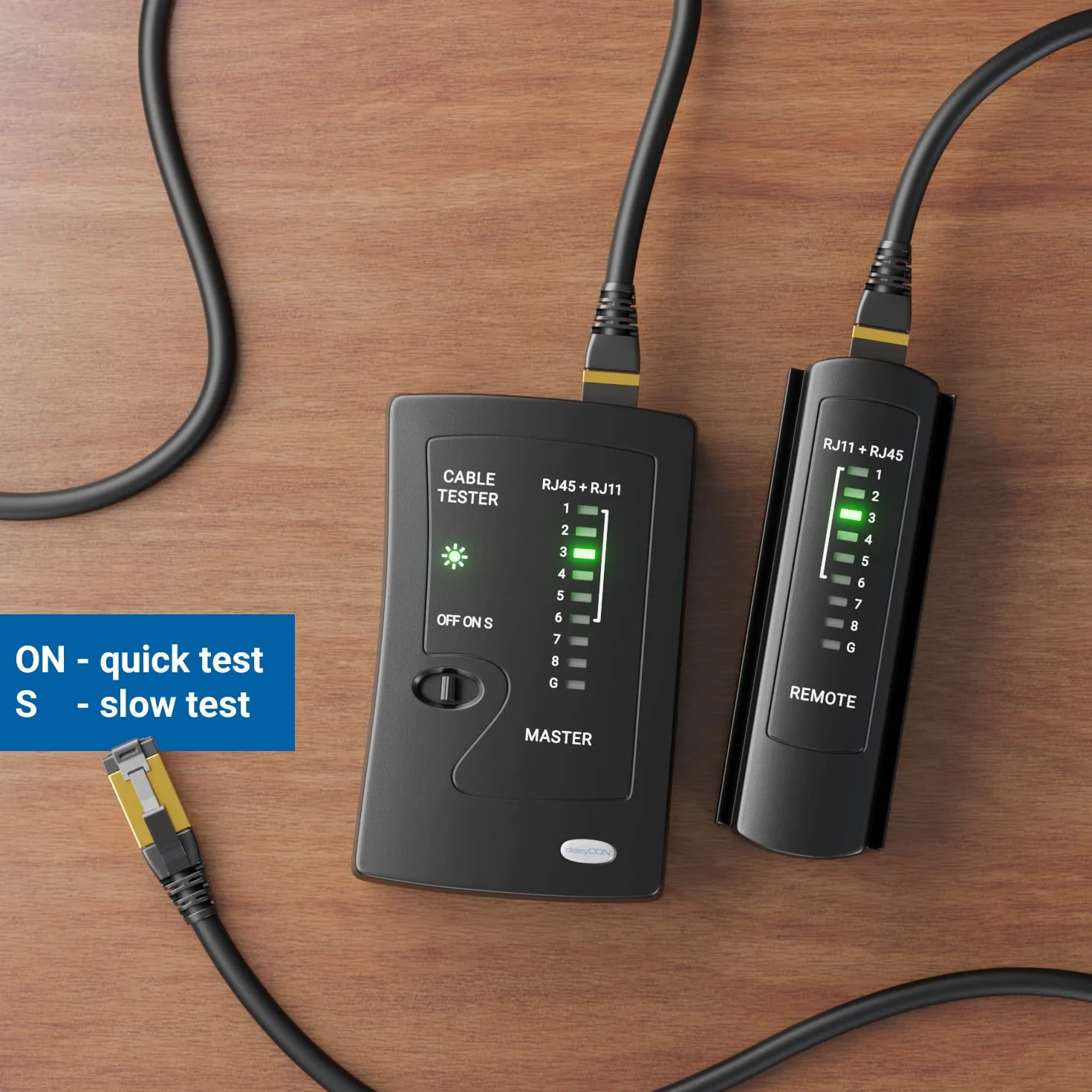 deleyCON Testeur de Câble Réseau RJ11 RJ12 RJ45 ISDN LAN CAT6 CAT7 CAT8 Noir